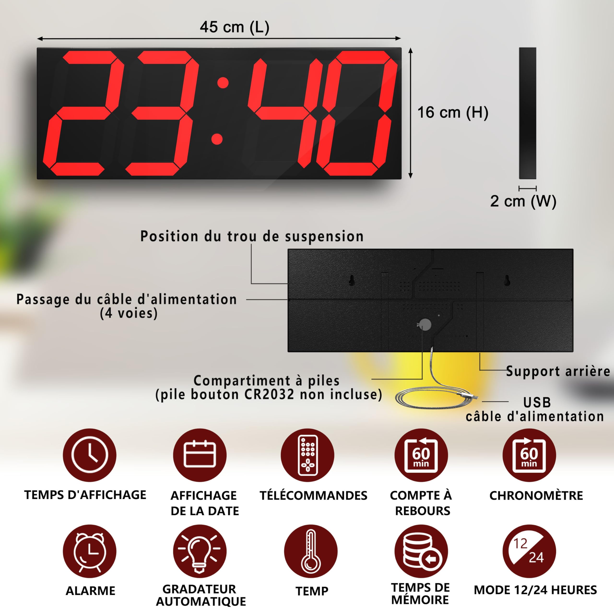 CHKOSDA Grande horloge murale LED numérique 18 pouces compte à rebours 8 niveaux luminosité réglables affichage 12/24 heures indicateur température calendrier rouge