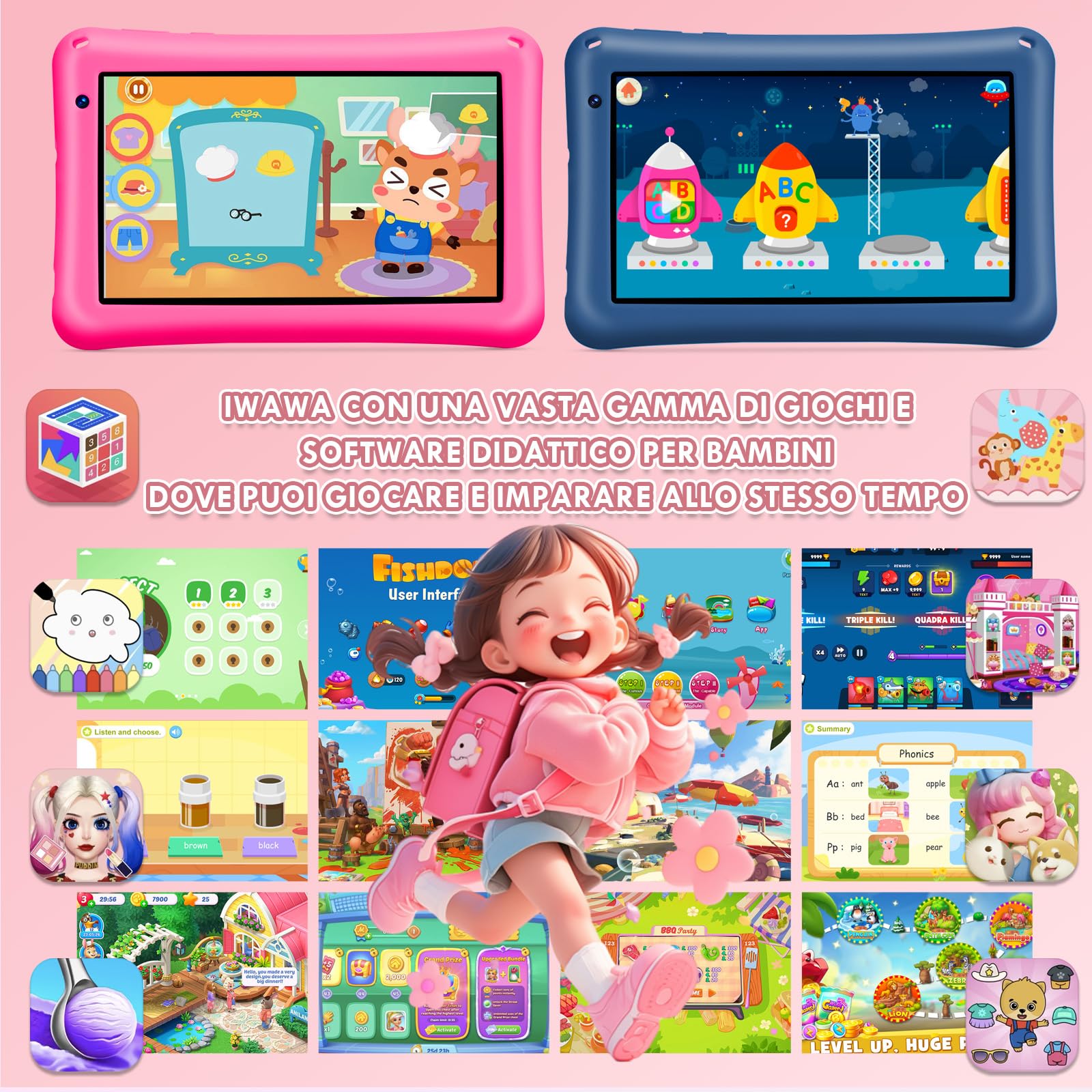 BRILLAR Tablet Bambini 7 Pollici,Android 13 Tableta,8(4+4) GB RAM, 64GB ROM(TF card 256 GB),Octa-Core,Controllo Parentale,WIFI,Tablet per Bambini con Custodia(Rosa)