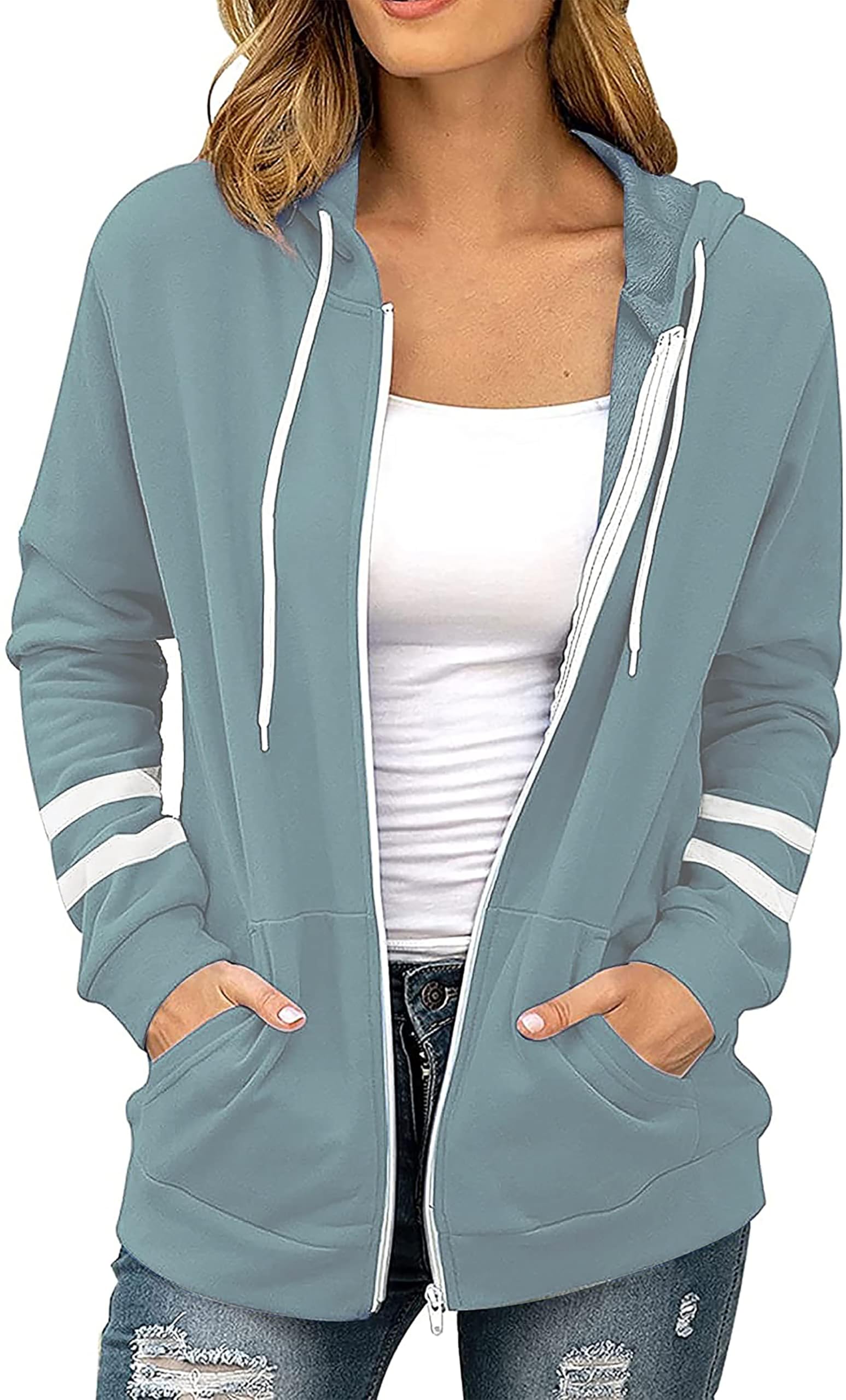 Jhsnjnr Veste de survêtement pour femme avec capuche à manches longues et fermeture éclair - Veste polaire de sport - Veste de jogging
