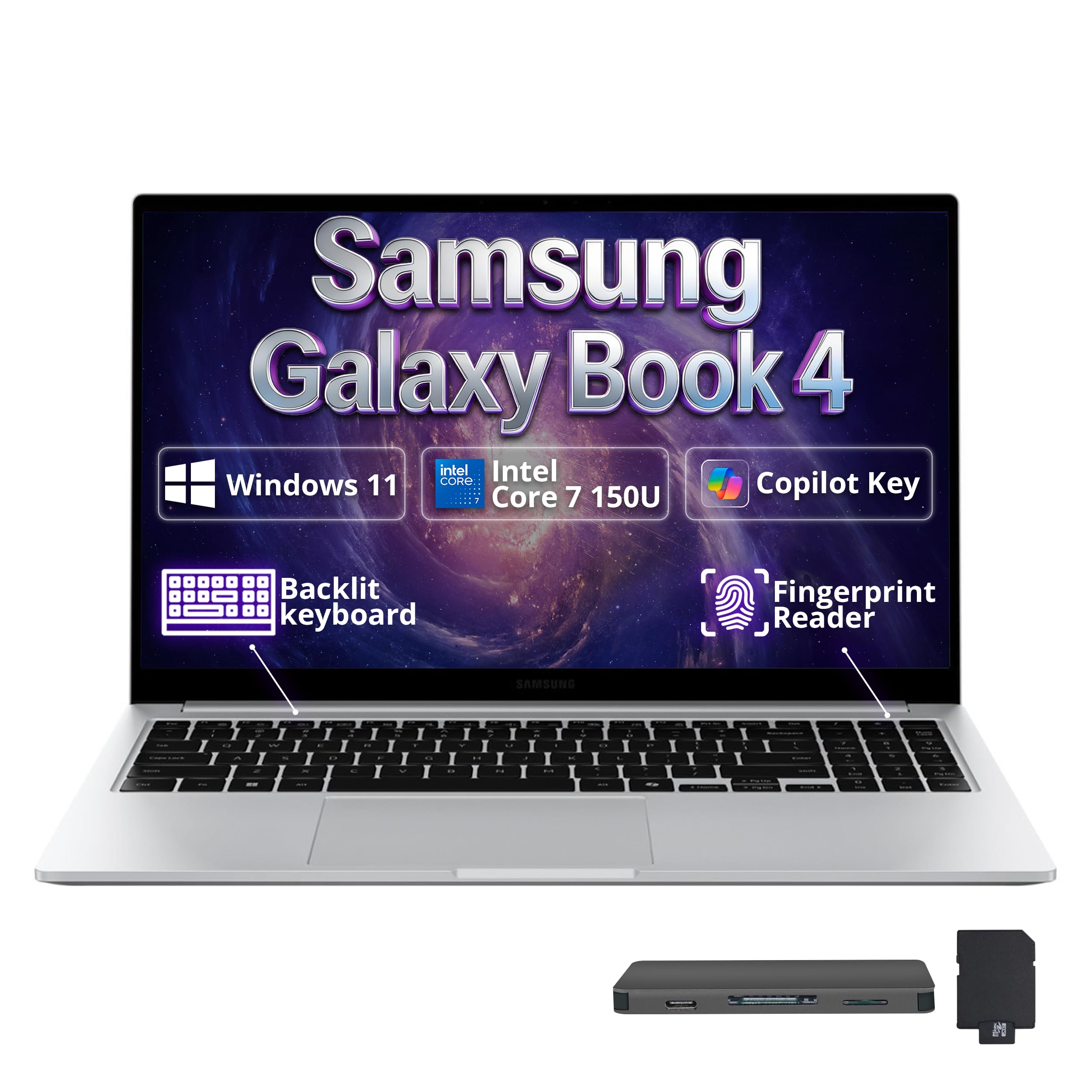 Samsung Galaxy Book4 15.6" FHD Laptop, Intel Core 7 150U, 16GB LPDDR4X, 2TB Storage (1TB SSD+1TB Docking Station Set), Intel Graphics, Backlit Keyboard, Fingerprint, Copilot AI, Win 11, Silver