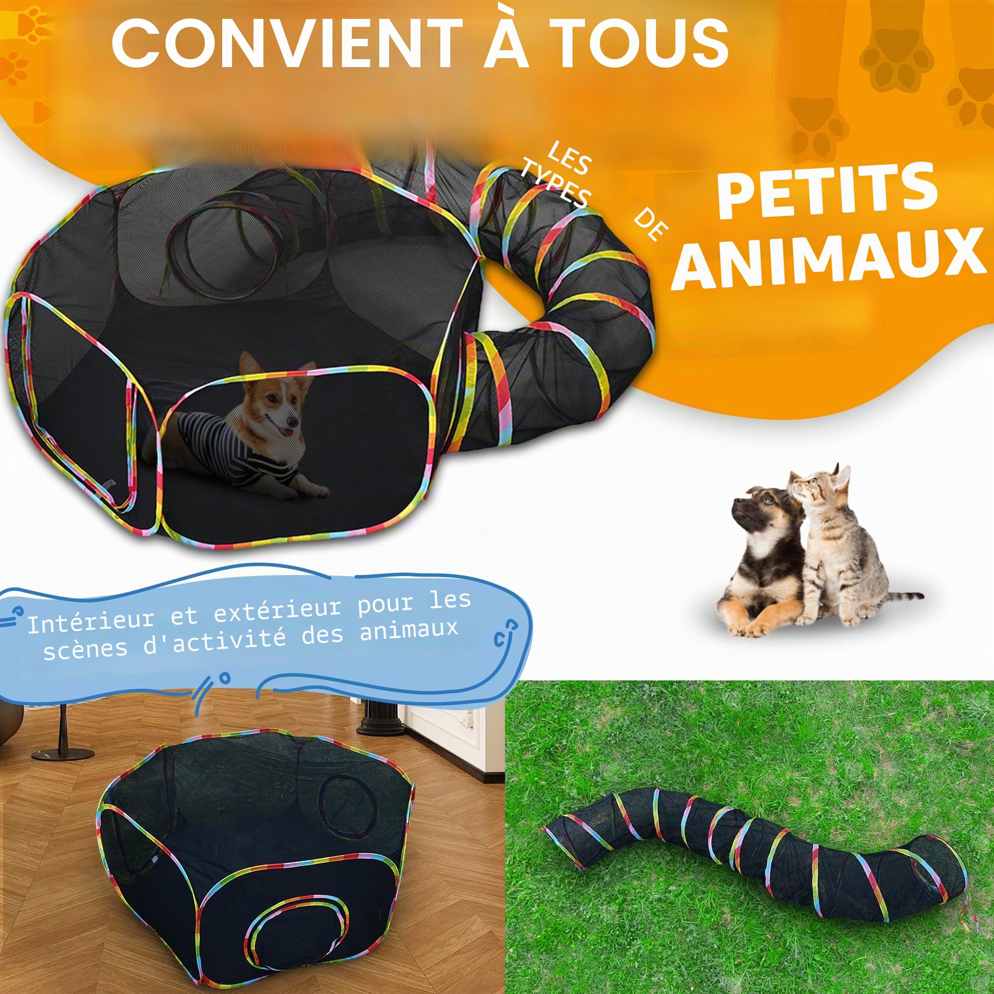 Tunnel d'extérieur pour chat et tente de jeu, couleur arc-en-ciel, clôture en maille avec tunnel de connexion