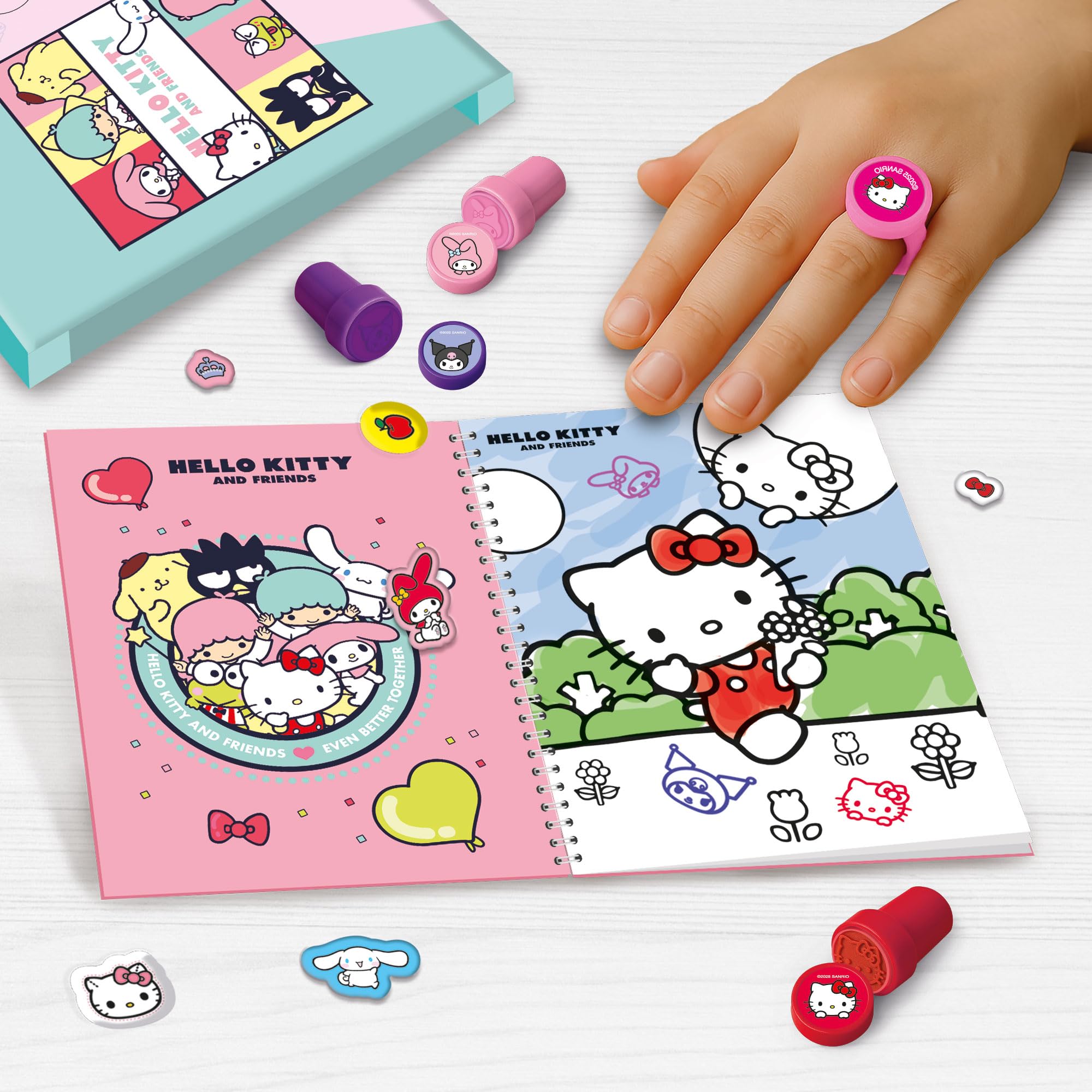 Lisciani, HELLO KITTY AND FRIENDS, Sticker And Stamp Coloring Book For Kids Ages 5+, 16 Pages With 3 Stamps - Image 3