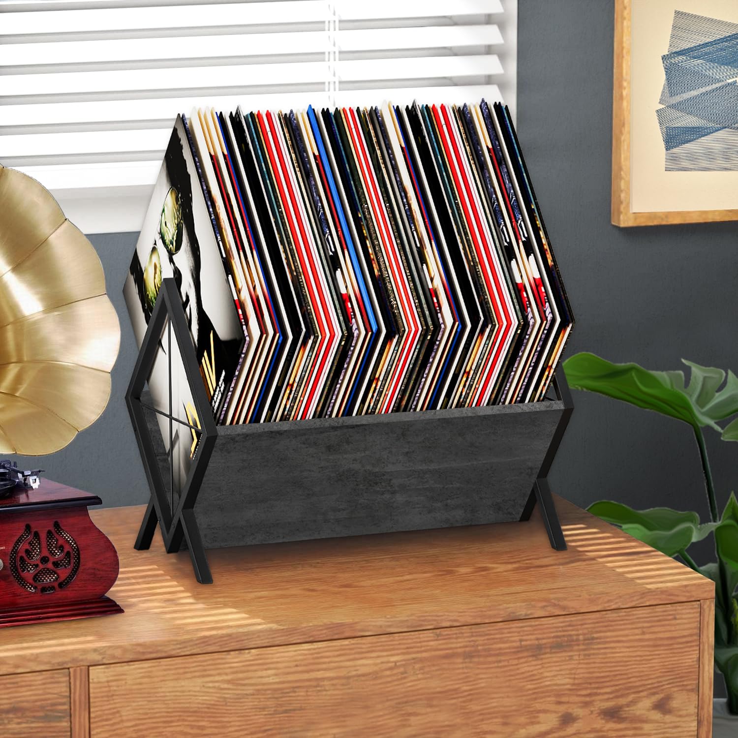 YINMIT Soporte para discos de vinilo, estante de almacenamiento de discos de vinilo de 80-100 LP, exhibición de discos de vinilo de montaje rápido, organizador de estilo retro para revistas, libros,