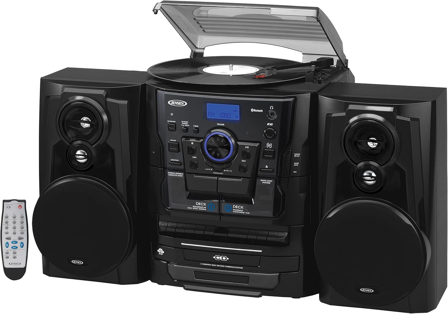 Jensen® Bluetooth® 3 Speed Stereo Turntable 3 CD Changer Music System with Dual Cassette Deck