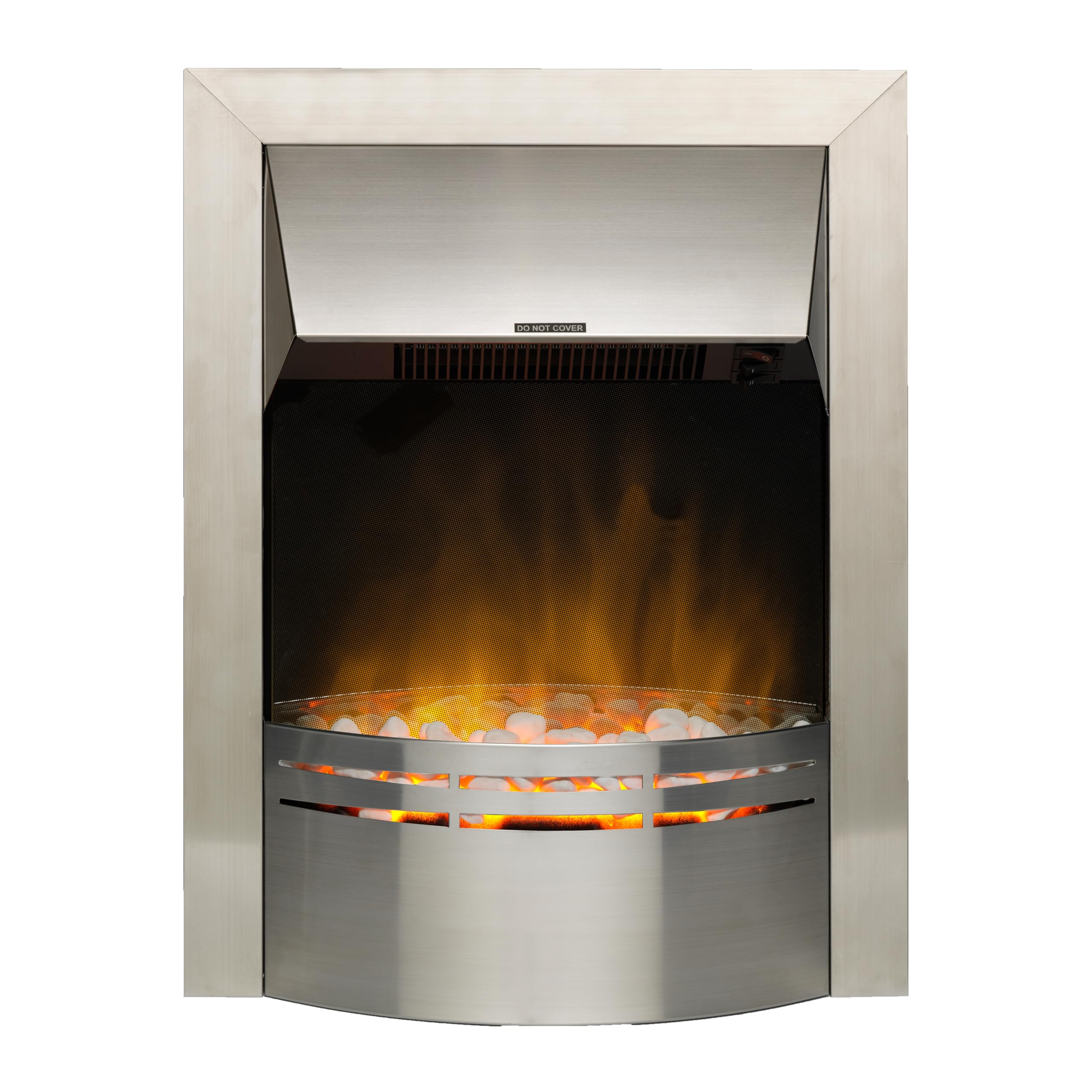 Dakota Optiflame Inset Electric Fire, Modern Brushed Stainless Steel Electric Flame Effect Fire, White Pebble Fuel Bed, 2kW Fan Heater and 1000/2000 Watt Settings, Inset (Recess) Depth 7cm