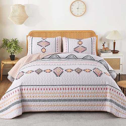 Juego de edredón bohemio de 3 piezas, tamaño King, con textura azteca negro, gris, juego de ropa de cama bohemia de microfibra ligera para todas las