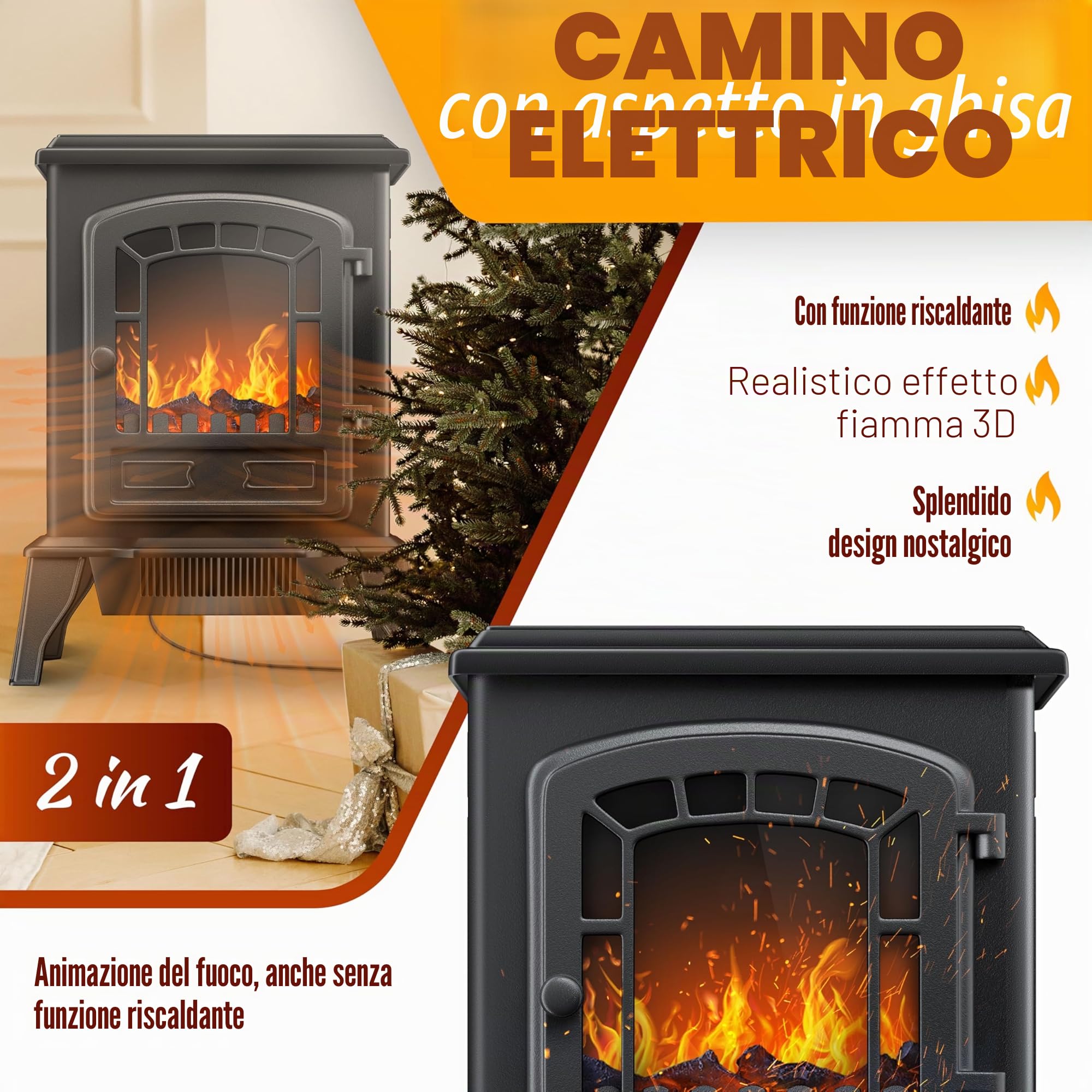KESSER® Camino elettrico con termoventilatore da 2000W - caminetto elettrico - riscaldamento - effetto fuoco a LED - stufa effetto fiamma - termocamino silenzioso e regolabile, Nero