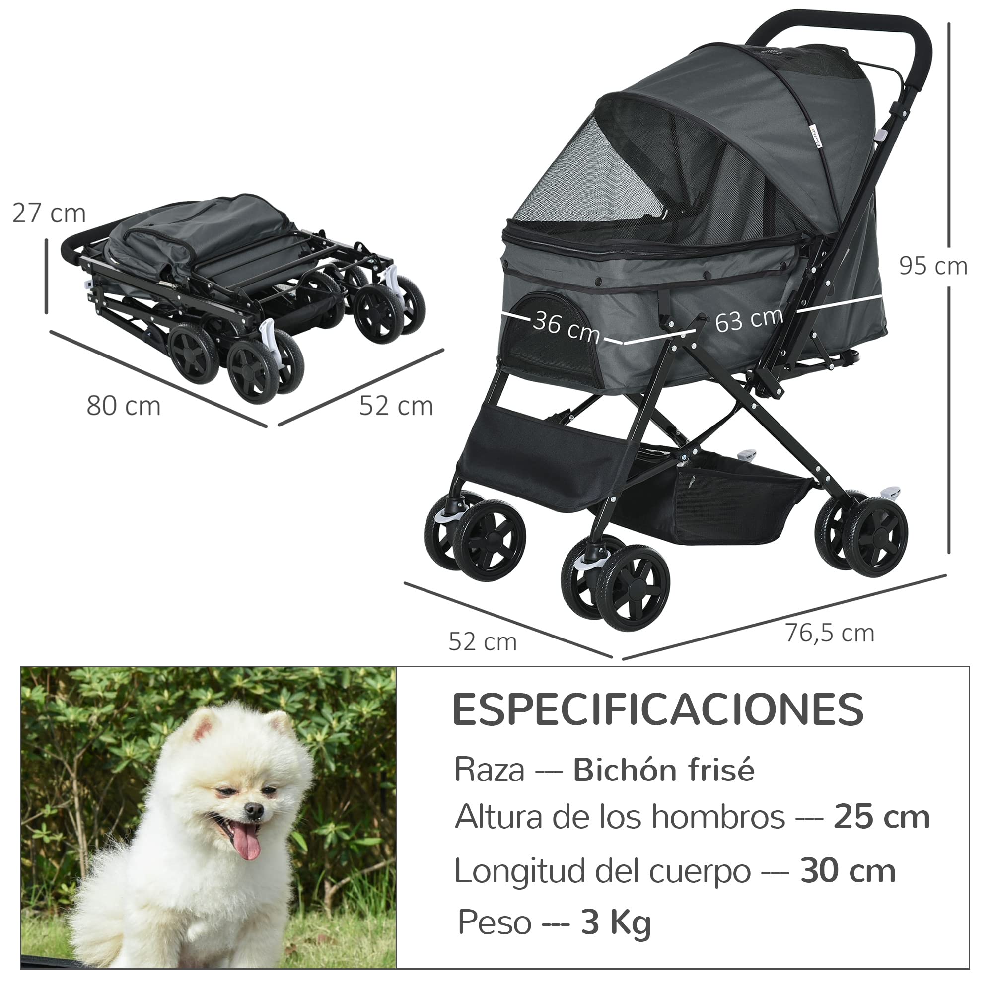 PawHut Carrito para Perros Plegable Cochecito para Perros Pequeños Cochecito para Mascotas con Mango Reversible Ventana de Malla Cesta y Cuerda de Seguridad Carga 10 kg 76,5x52x95 cm Gris