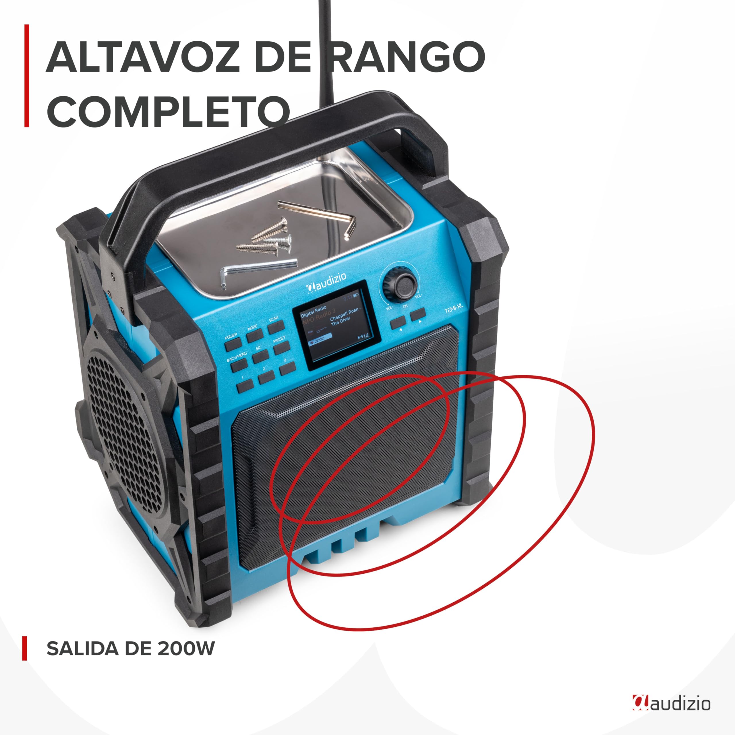 Audizio TEMI XL – Radio de Obra con Bluetooth Dab+ y FM, IP54, batería con duración de hasta 15h, Bandeja magnética y Compartimento para el movil, 200W, Ideal para Taller, jardín, Obra Exterior.