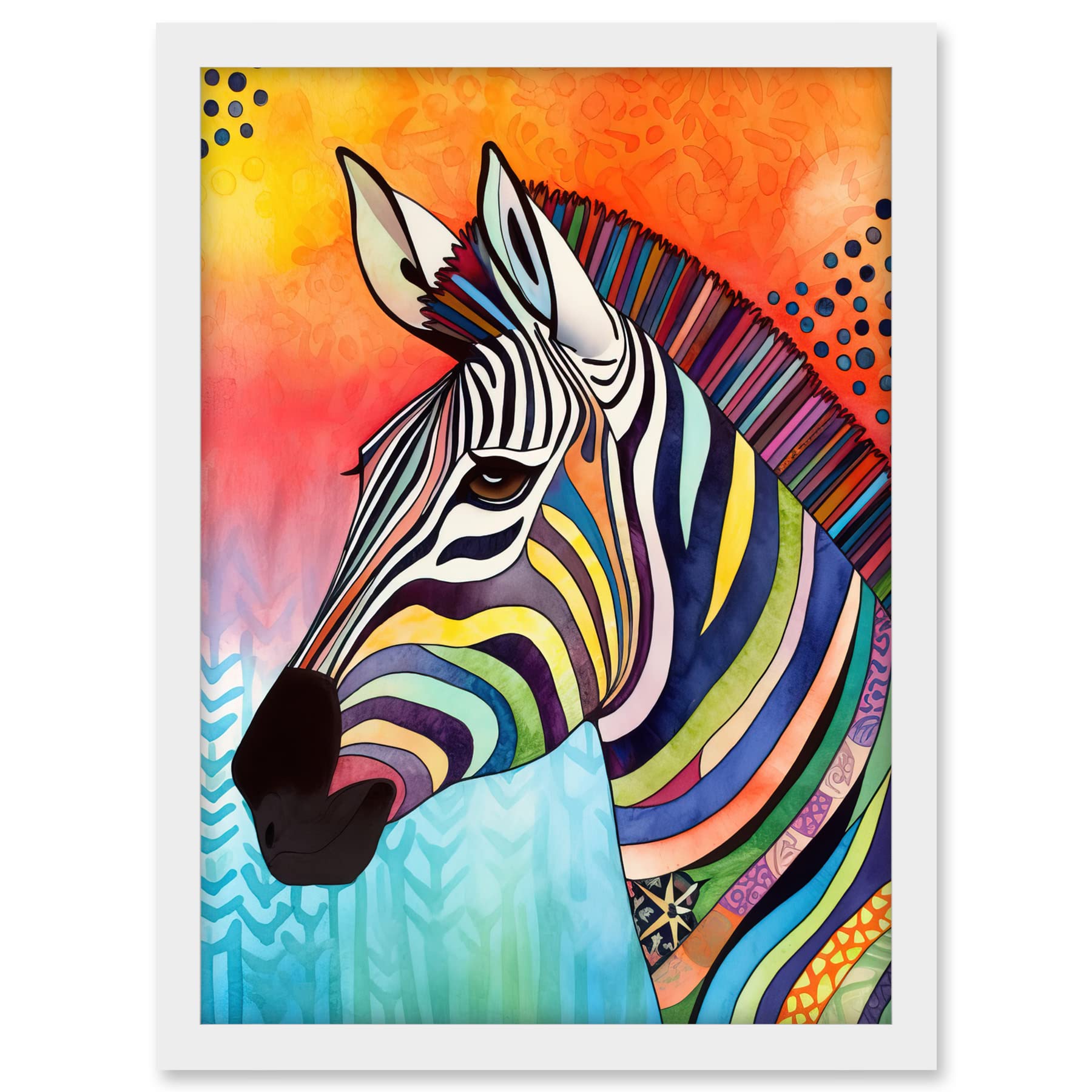 Artery8 Zebra Folk Art Bright Multicoloured Artwork Framed A3 Wall Art Print