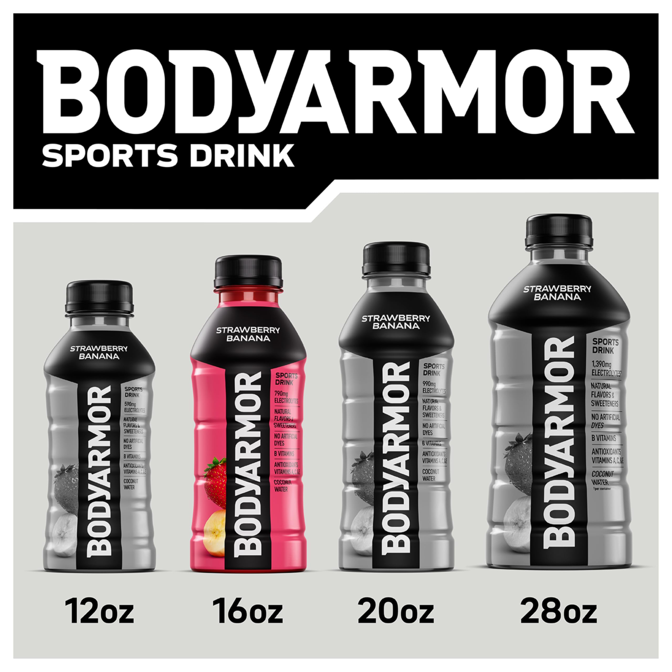 BODYARMOR Sports Drink Sports Beverage, Strawberry Banana, Coconut Water Hydration, Natural Flavors With Vitamins, Potassium-Packed Electrolytes, Perfect For Athletes, 16 Fl Oz (Pack of 12)