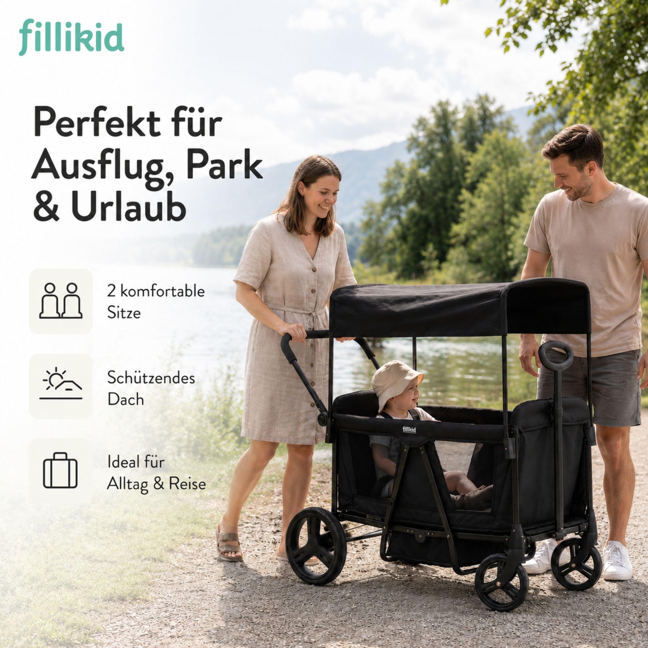 Fillikid Bollerwagen Oskar Exklusiv I Faltbarer Handwagen mit Dach, Schiebegriff I Transportwagen für Kinder & Gepäck, belastbar bis 88 kg I stabil & platzsparend klappbar I 2-Sitzer mit Gurtsystem