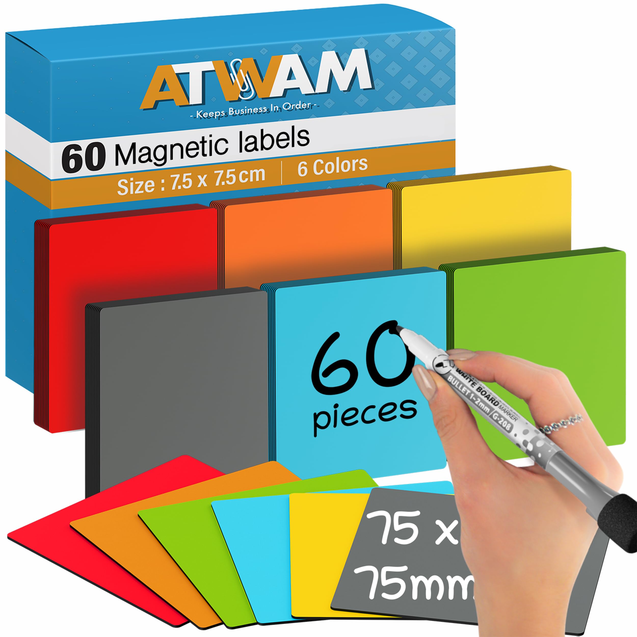 ATWAM 60 Magnetic Strips writable - Magnetic Labels 75 x 75mm - 6 Colors - Scrum & Kanban - Magnetic Notes - Whiteboard Strips for Magnetic Board, Magnetic Wall & Fridge