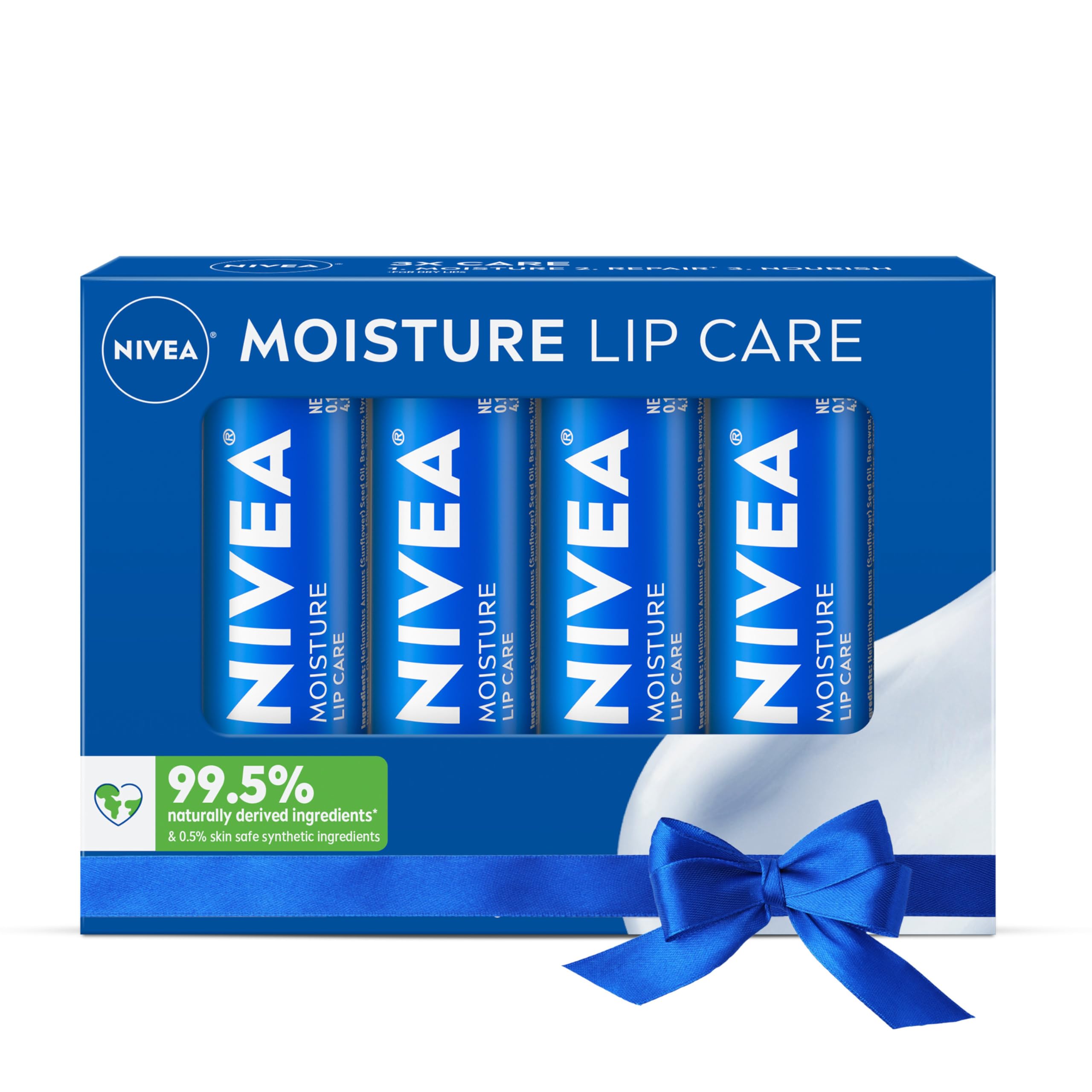 NIVEA Moisture Lip Care, Hydrating Lip Balm with Shea Butter, Nourishing Oils and Vitamin C & E, 3-in-1 Moisture, Repair and Nourish, 0.17 Oz Stick, Pack of 4