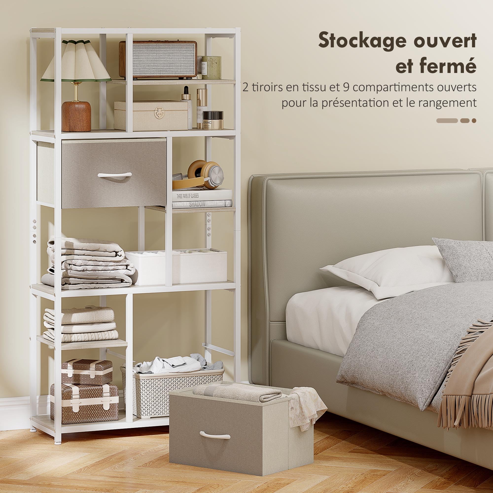 HOMCOM Mueble de almacenaje de 6 Niveles, librería con 2 cajones de Tela, 9 estantes Abiertos, Mueble de almacenaje con Estructura de Acero para salón, Estudio, Dormitorio, 72,5 x 30 x 150 cm,
