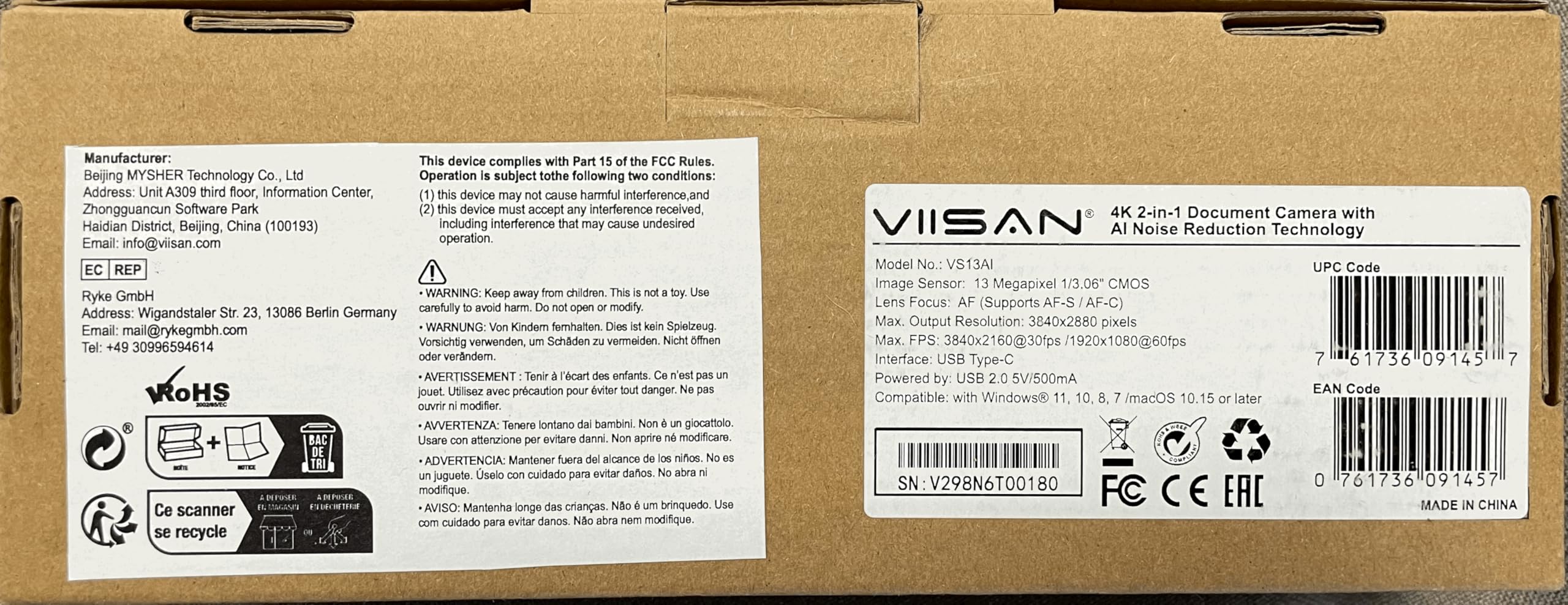 VIISAN Cámara de documentos VS13AI 4K con reducción de ruido AI, ideal para demostraciones en vivo en clase, conferencias web, aprendizaje a distancia, reducción de ruido para voz clara. Compatible
