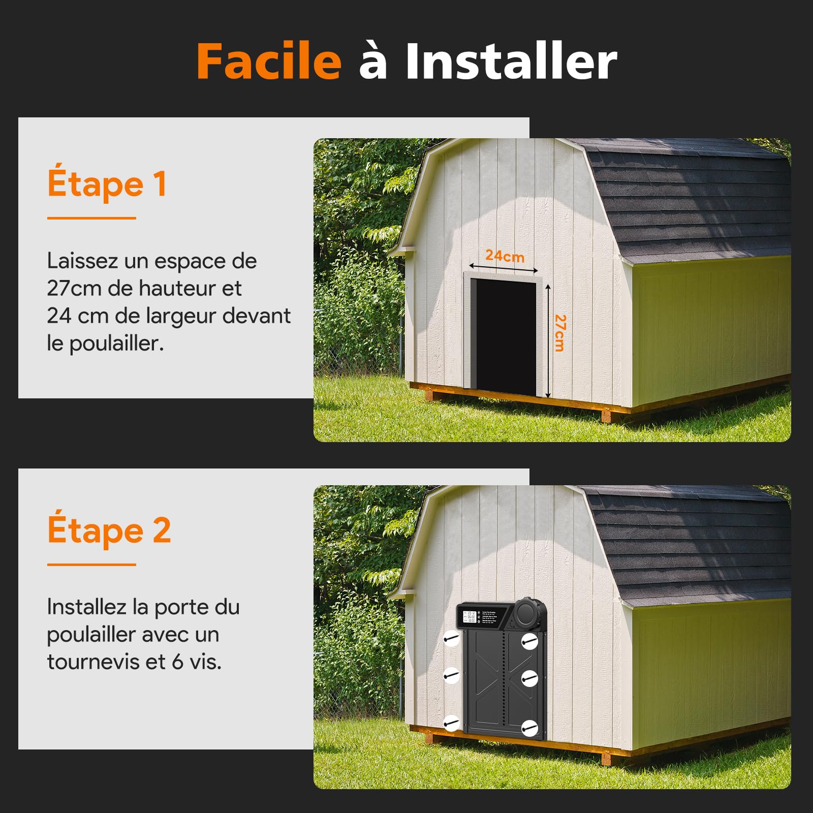 Grande Porte Poulailler Automatique Batterie avec Écran LCD Étanche, Porte Automatique Poulailler en Aluminium avec Minuterie, Fonction Anti-pincement, Résistant Aux Intempéries, Noir