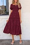 PRETTYGARDEN 2026 Été Casual Robes Midi Col carré Manche courte Smoquée Une ligne Florale Flowy Elegant Robe Boho pour femme