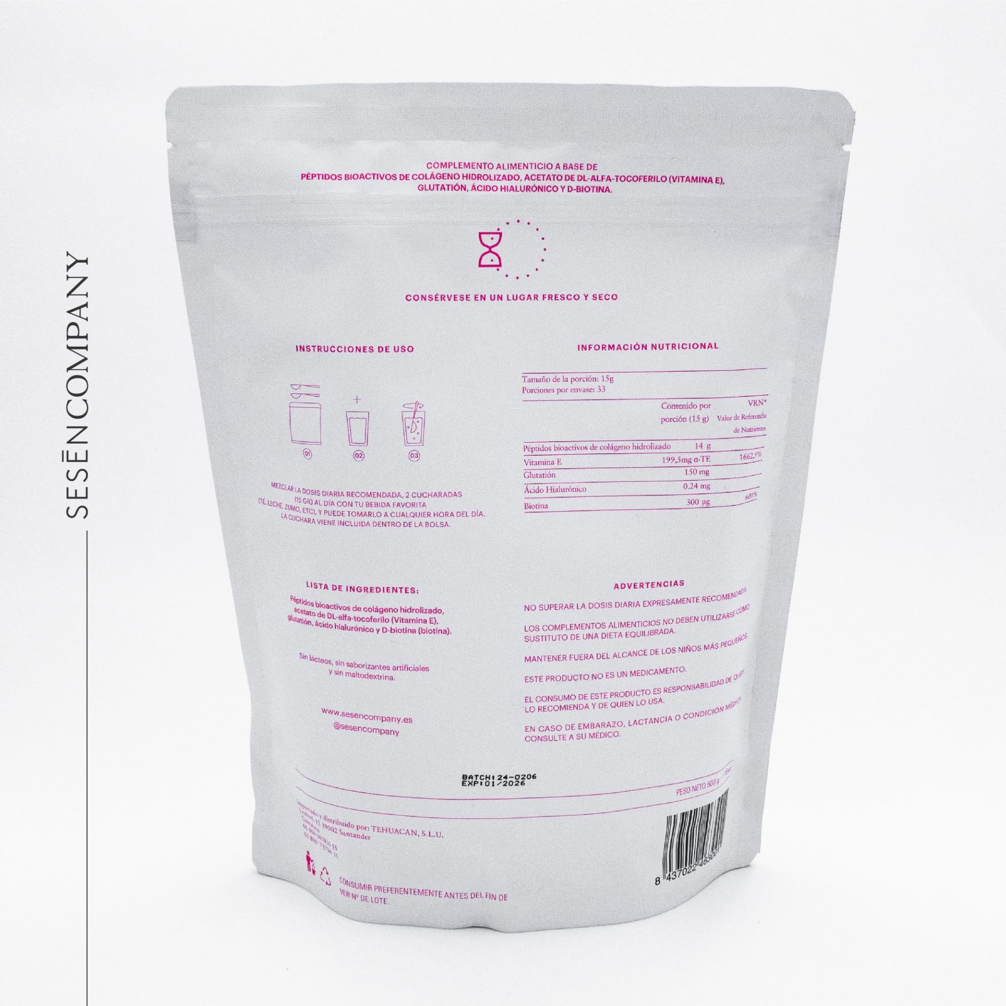 Sesen Péptidos de Colágeno Hidrolizado en Polvo 500g, Colágeno Tipo 1, 2 y 3 con Ácido Hialurónico y Biotina para Articulaciones, Pelo y Piel, Collagen Peptides Powder, Bioactivo