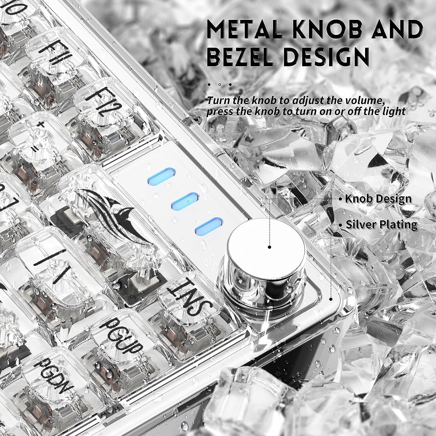Close-up of the metal knob and bezel design on the keyboard