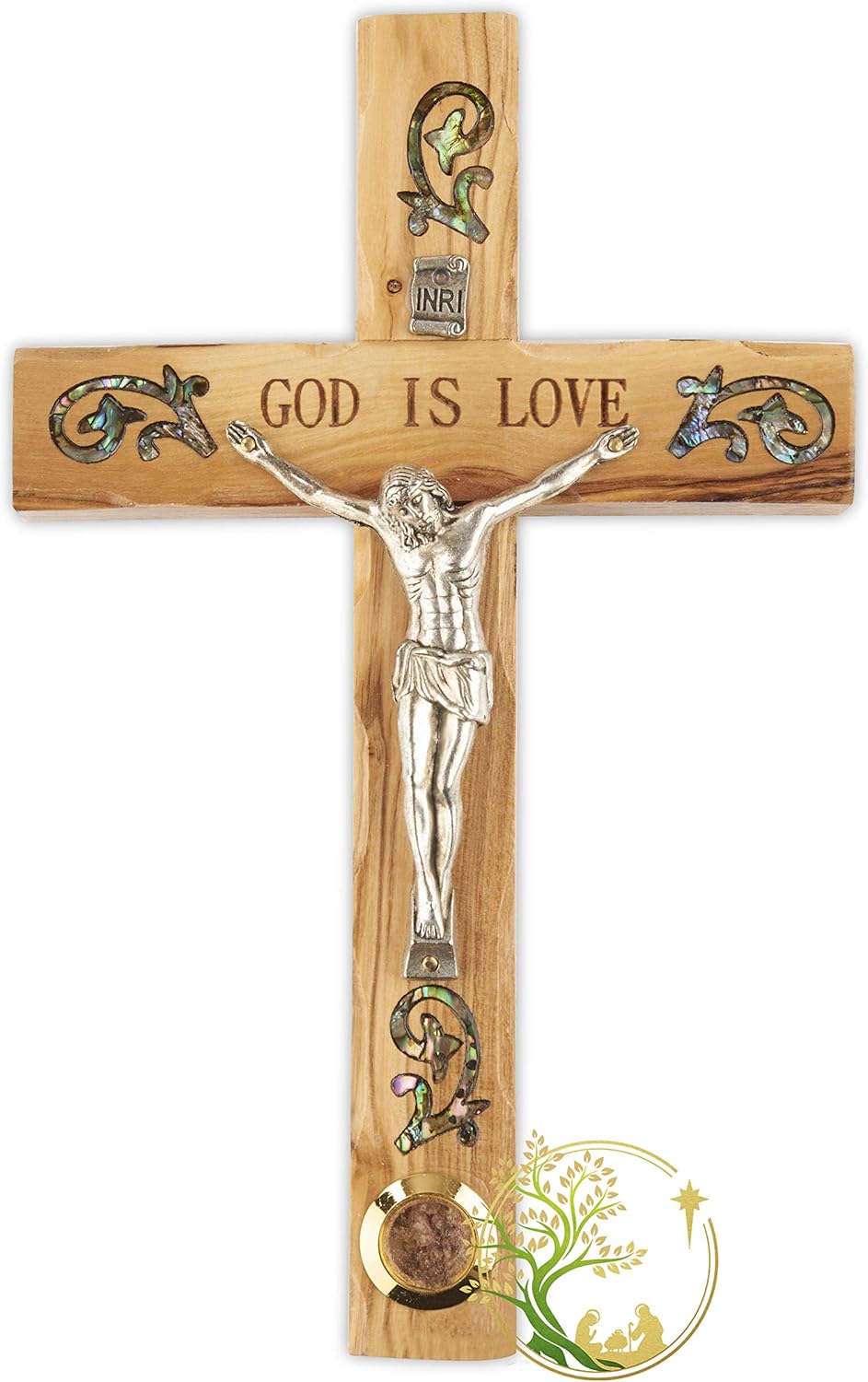 Olive Wood hand carved wooden cross - God is love crucifix with Bethlehem's incense made in the Holy Land by Christian craftsmen - Dimensions 5" x 3"