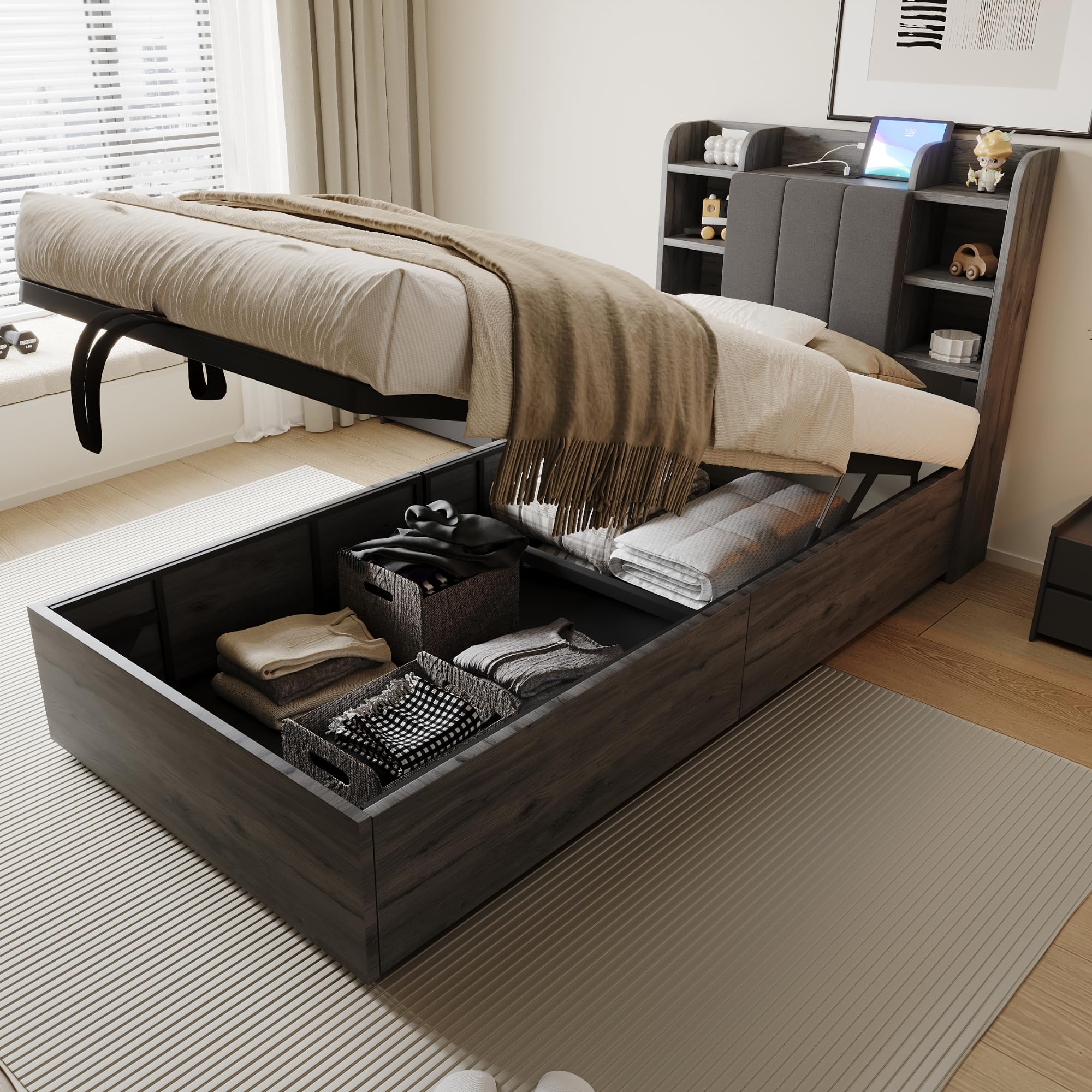 Mrwoo Cama de Madera 90x200cm, Cama Hidráulica con USB, Cabecero con Espacio de Almacenamiento, Gris (Cama Sin Colchón)