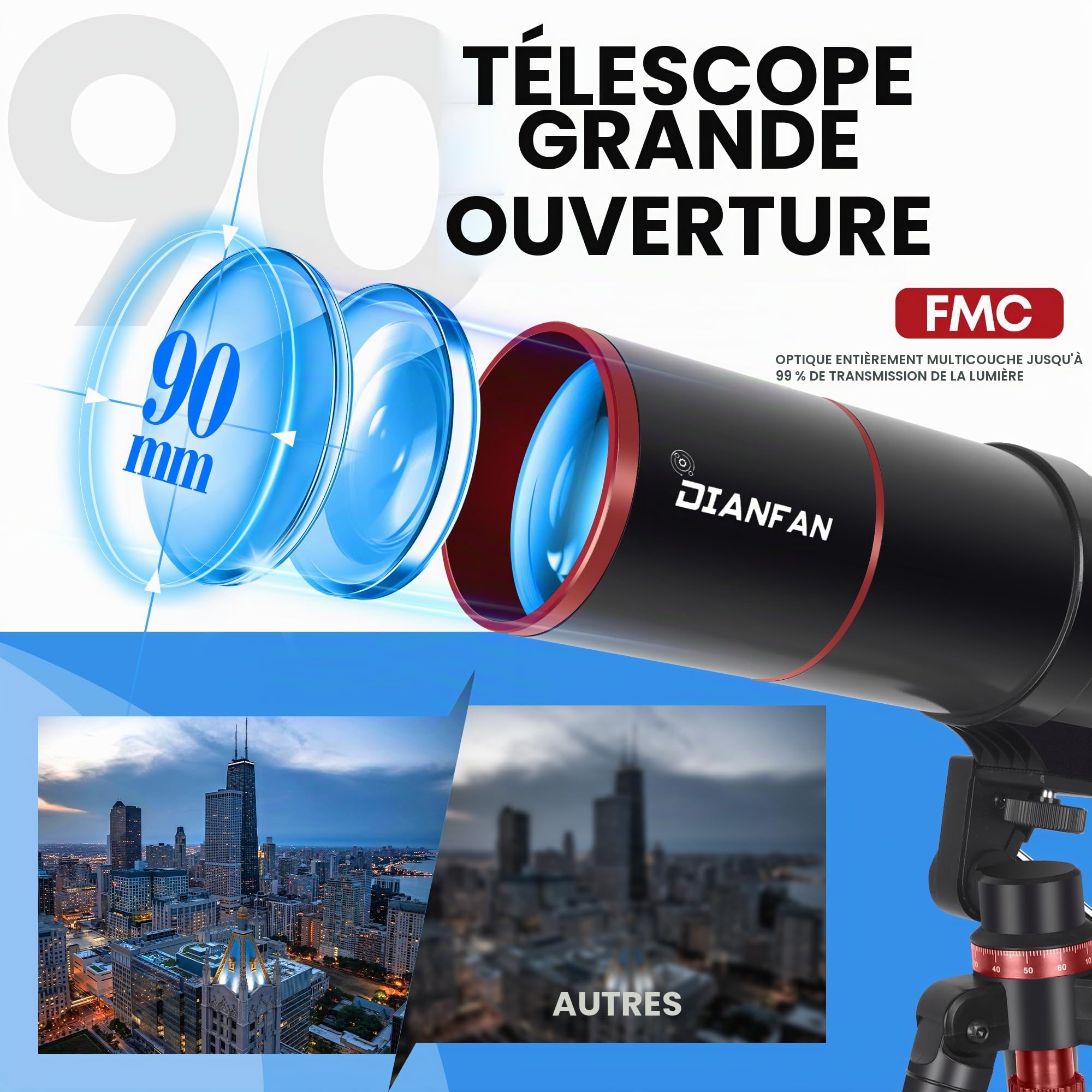 Dianfan Télescope 90/550 Astronomique pour Adultes, Télescope Réfracteur Portatif pour Débutants avec Monture AZ, Trépied, Adaptateur pour Smartphone, Sac de Transport et Tabouret Pliant