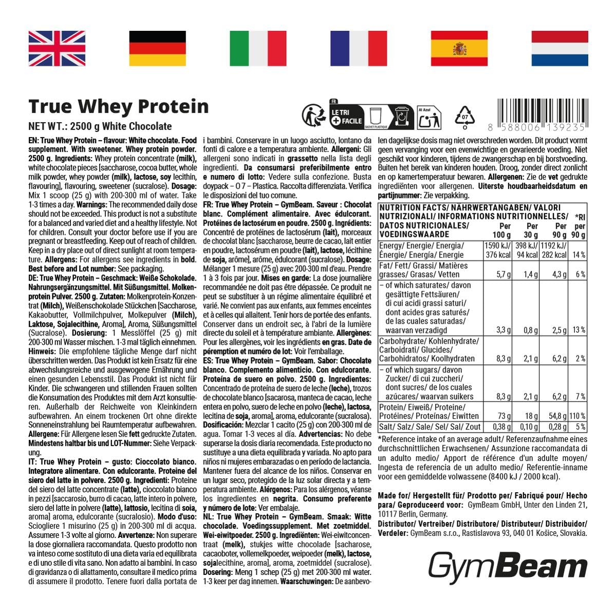 GymBeam Proteine in Polvere True Whey, Concentrato di Proteine del Siero del Latte (WPC), Proteine Whey di Alta Qualità, BCAA, Favoriscono la Crescita Muscolare (White Chocolate, 2500 g)