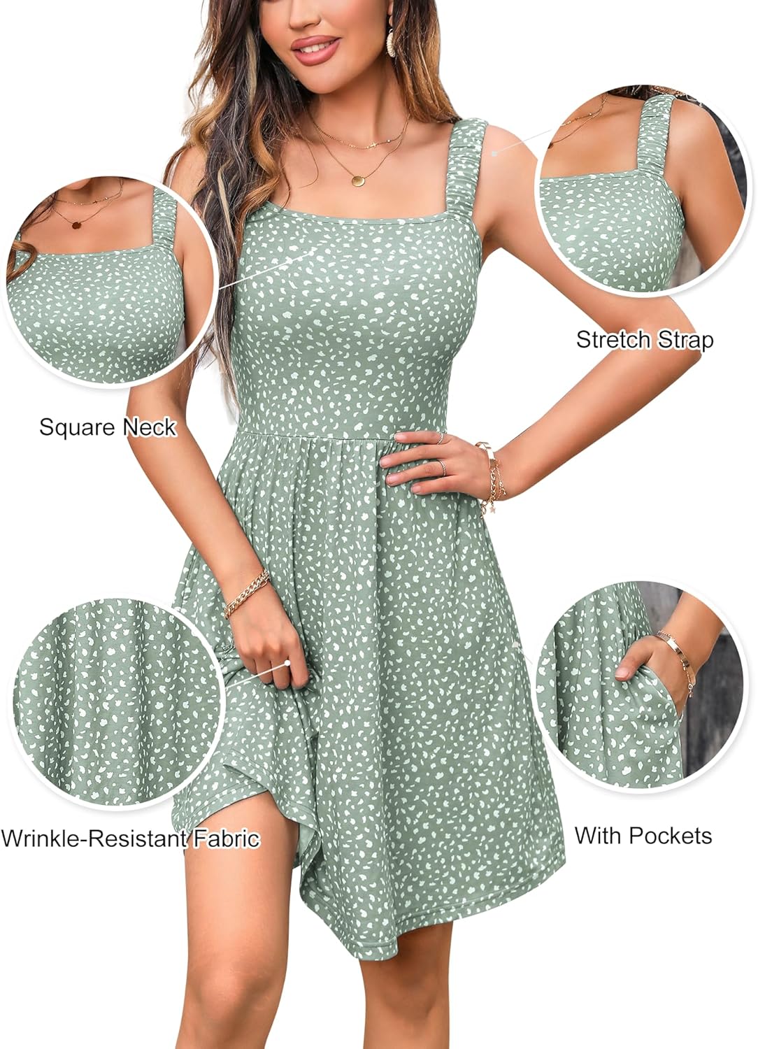 HUHOT Women's Summer Casual Square Neck Dress with Pocket Cute Sleeveless High Waist A-line Sundress Midi Dresses - Image 5