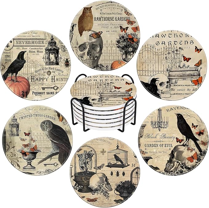 Whaline 6Pcs Halloween Coasters with Holder Vintage Owl Crow Skull Ceramic Drink Coasters Absorbent Cup Mat for Home Kitchen Party Table Protection