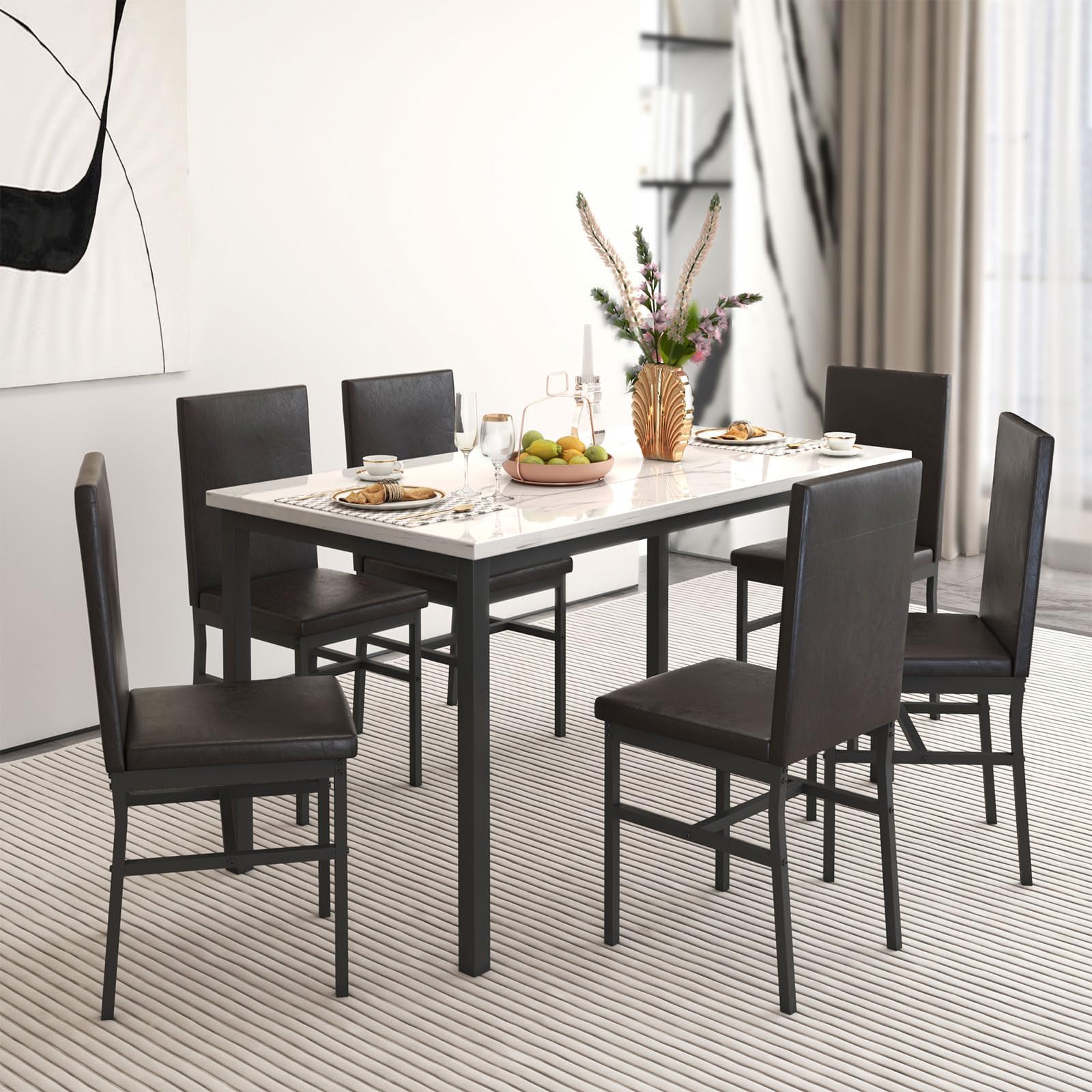 Dining Table Set for 6, Kitchen Table with 6 Chairs,Faux Marble Tabletop & 6 Leather Upholstered Chairs for Dining Room,Kitchen, Dinette, Breakfast Nook