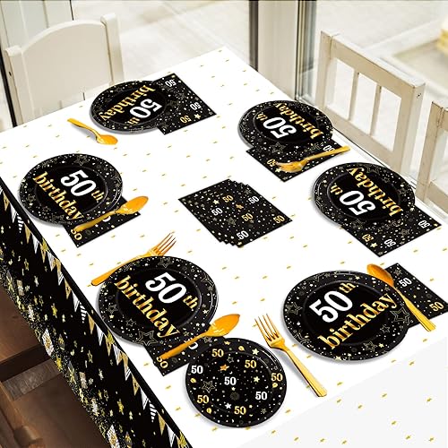 Miniatura 7 de Suministros para fiesta de cumpleaños de 50 años, platos, servilletas, manteles para hombres de 50 años, decoraciones de cumpleaños de 50 años,
