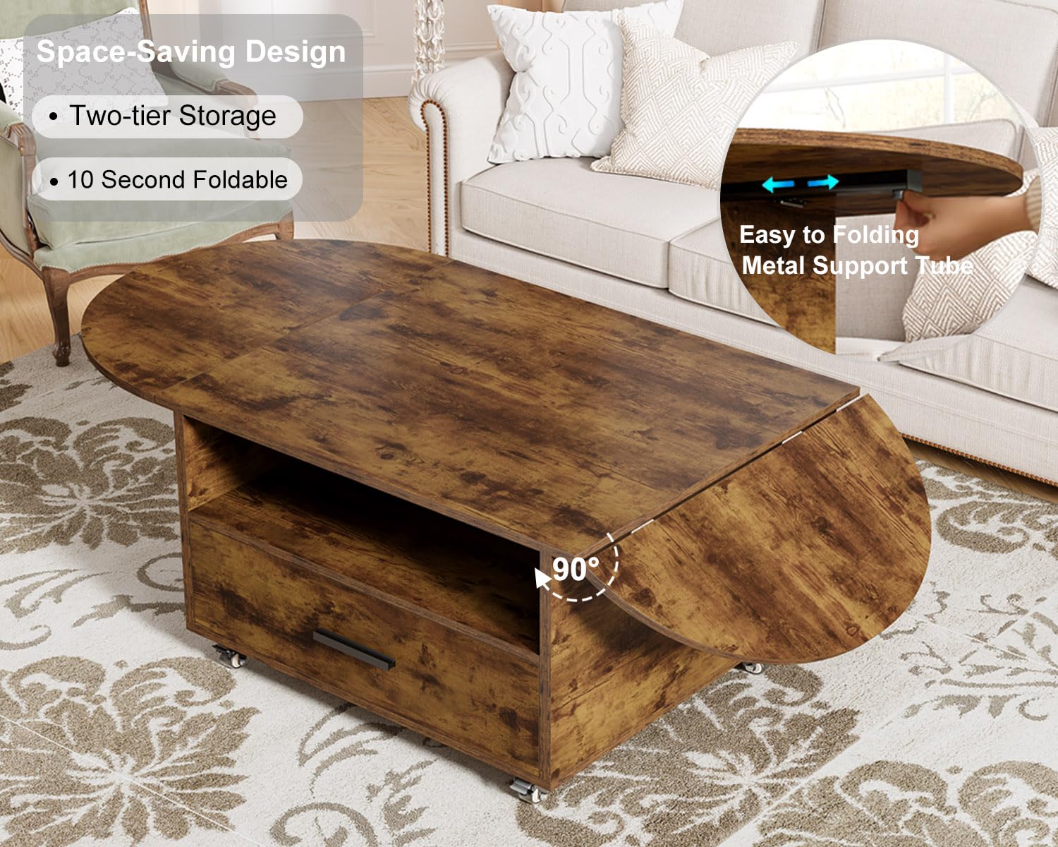 IBF Ovaler Couchtisch 120cm Braun,ausziehbar Holz-Tisch mit Rollen