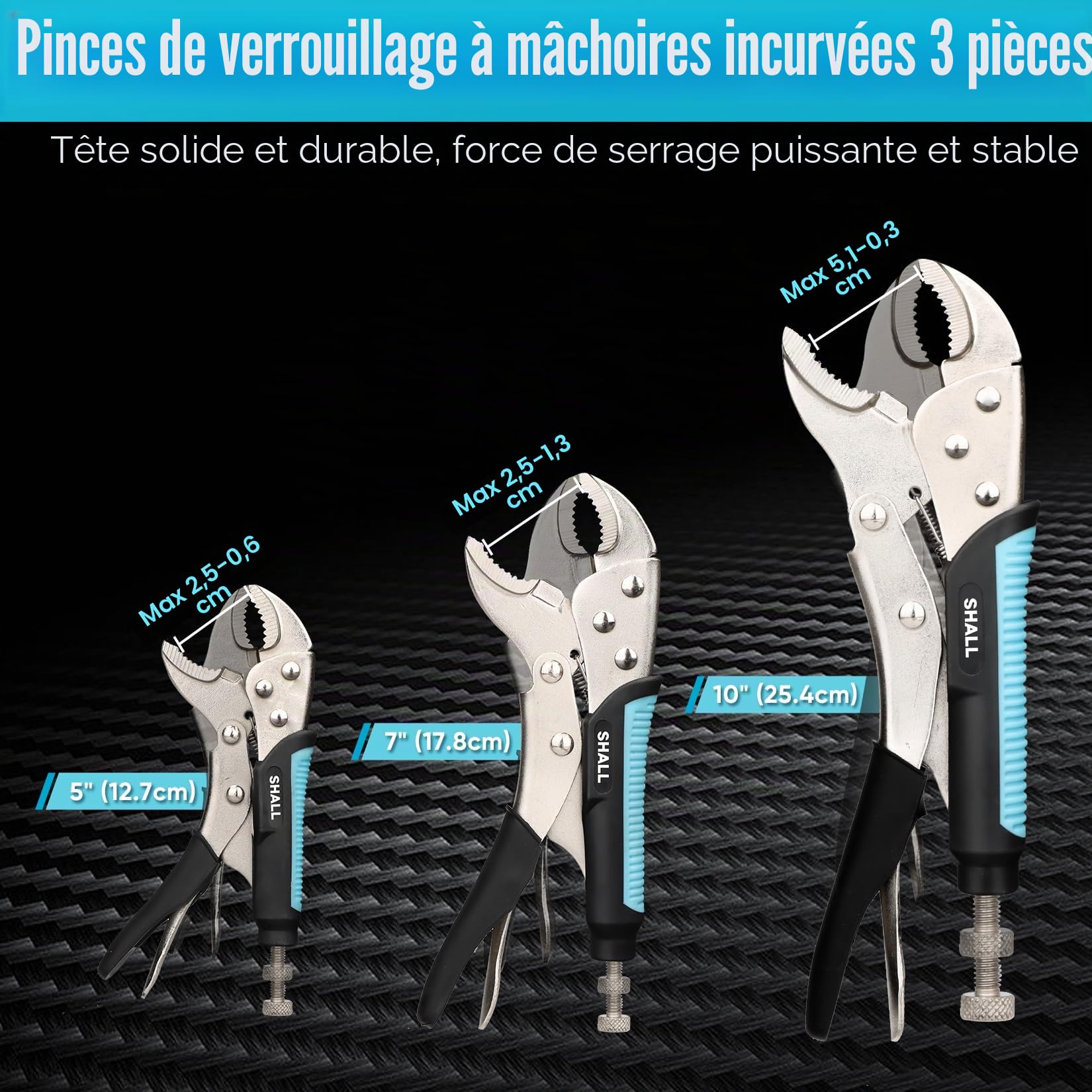SHALL Lot de 6 pinces de verrouillage, pinces à étau à mâchoire incurvée de 12,7 cm, 17,8 cm et 25,4 cm, pince de verrouillage à long bec de 15,2 cm, poignée TPR bicolore, pochette enroulable incluse