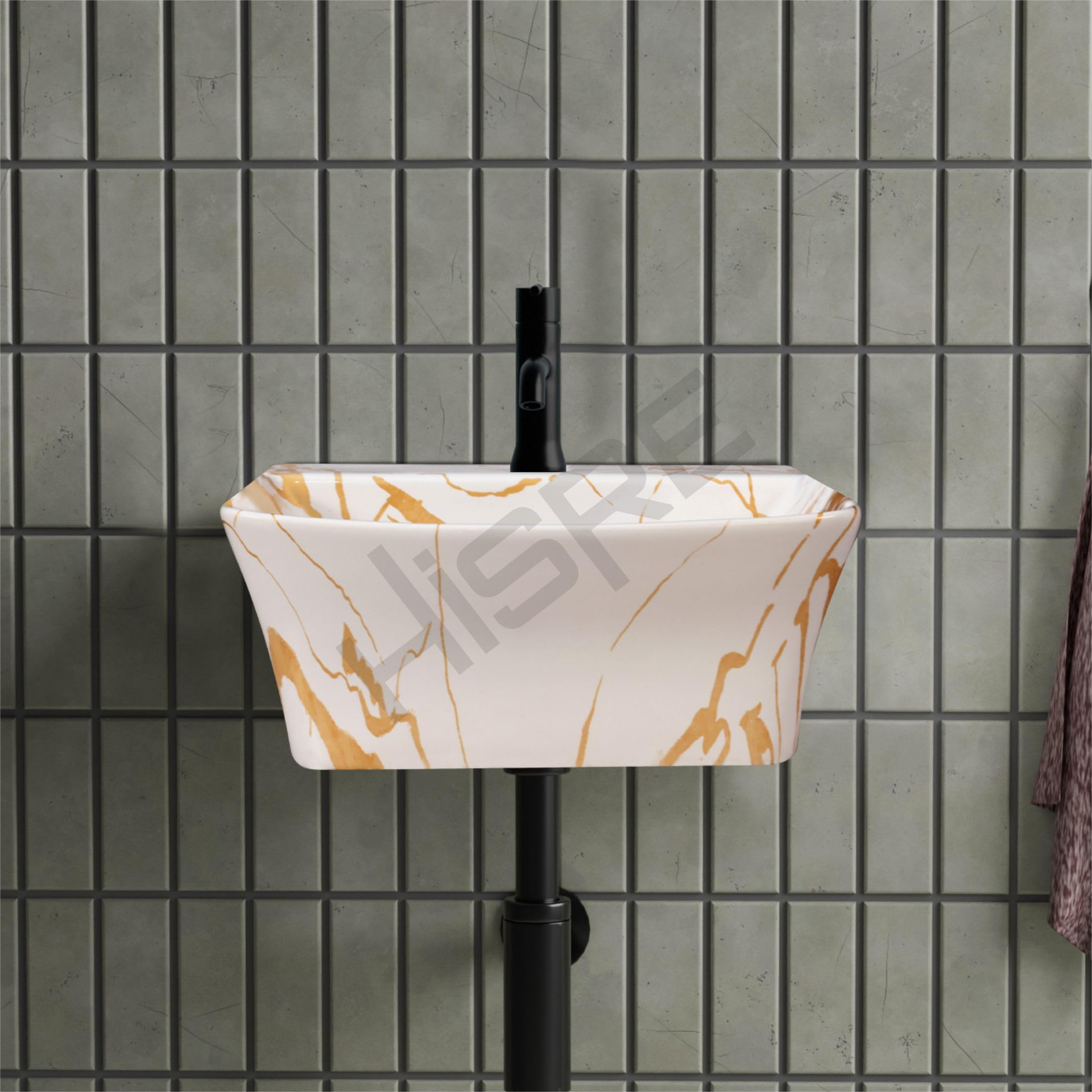 HISRE Wall Mount Wash Basin 13"x13"x5" | White Golden Marble Finish Ceramic Sink | Modern Rectangular Bathroom Basin for Home, Office & Hotels, photo 3 of 5