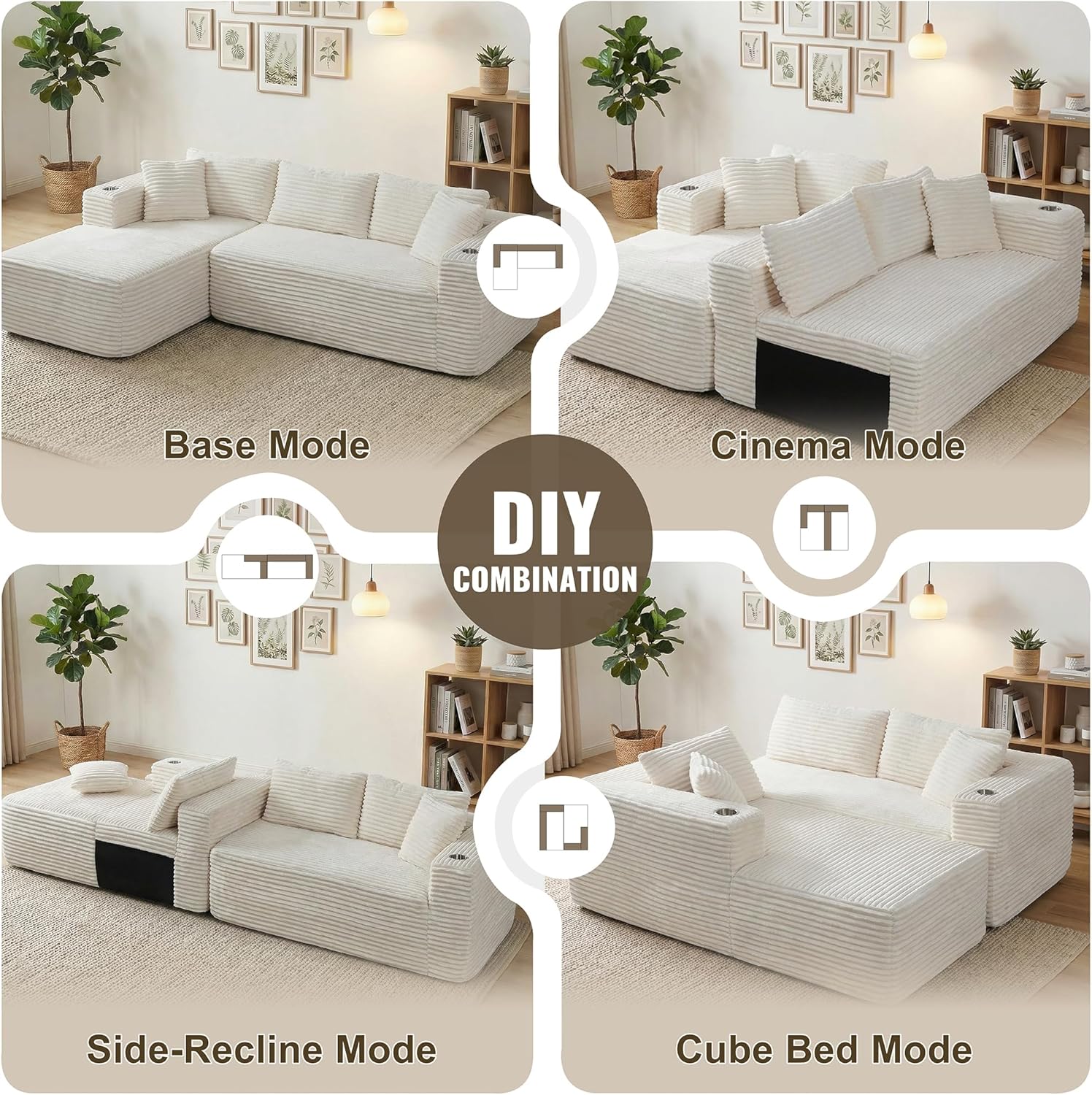 Shintenchi Boneless Couches for Living Room,Modular Sectional Sofa with 2 Cup Holders,Memory Foam Cloud Couch with L Shaped Oversized Chaise,No Assembly Needed Plush Corduroy Sofa,White