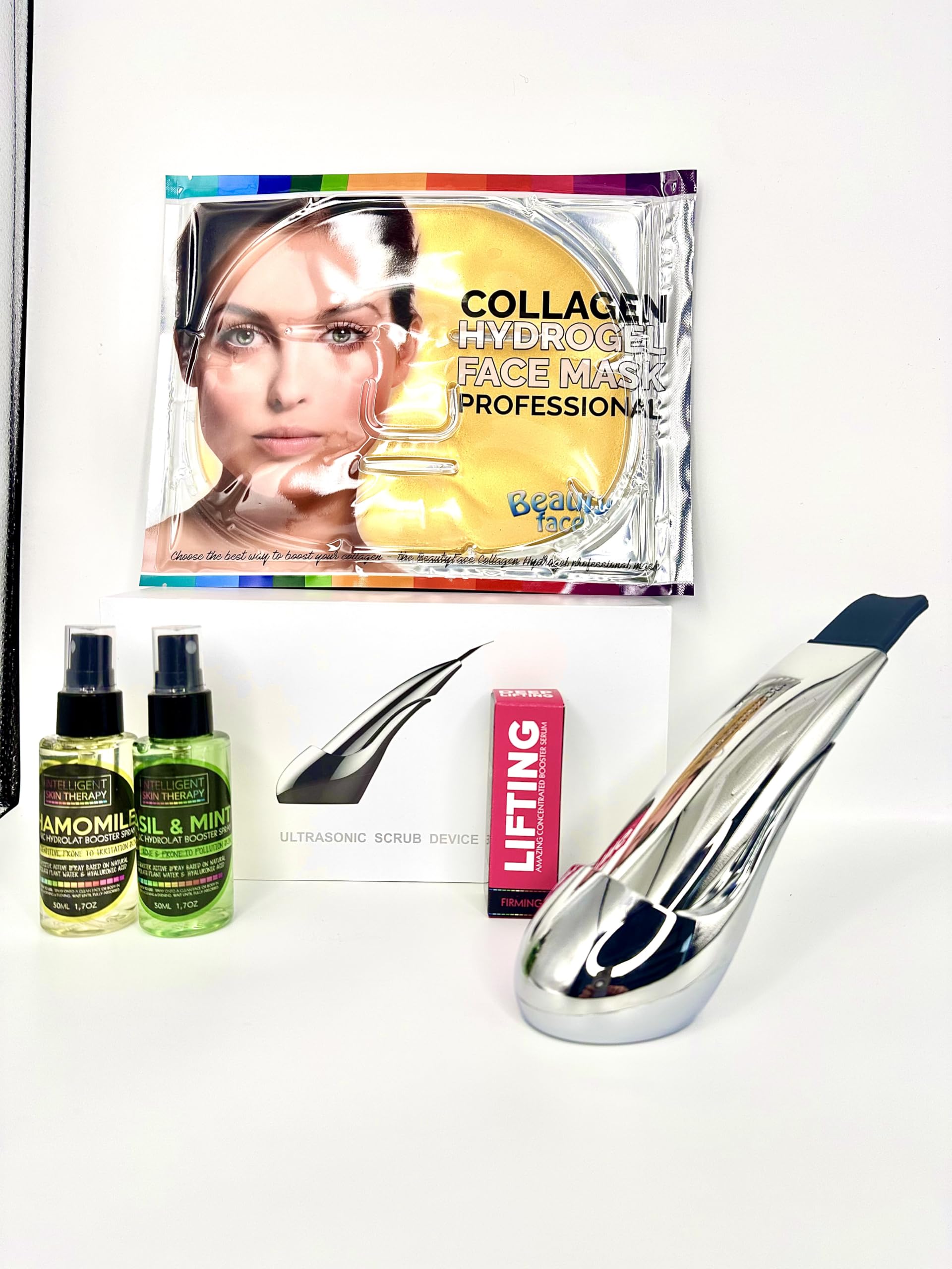 Skin Scrubber - Dispositivo Professionale ad Ultrasuoni per Pulizia Viso, Veicolazione Prodotti e Massaggio Liftante, Compatto + kit prodotti