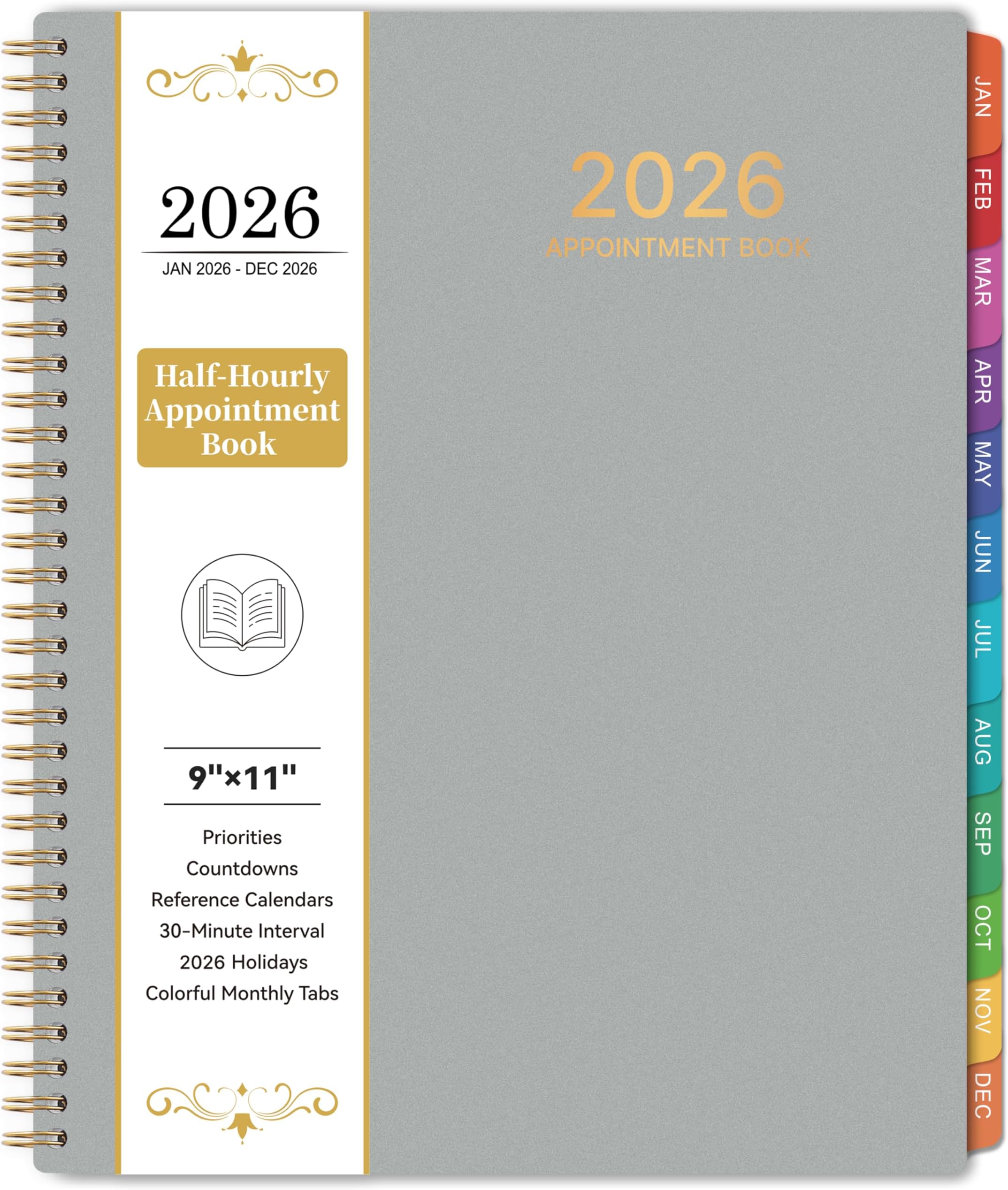 BooQool 2025 Appointment Book/Planner - Weekly & Monthly, 9" x 11", Large, 30-Minute Interval, Jan. 2025 - Dec. 2025, 2025 Daily Hourly Planner, Colorful Monthly Tabs, Inner Pocket, Grey