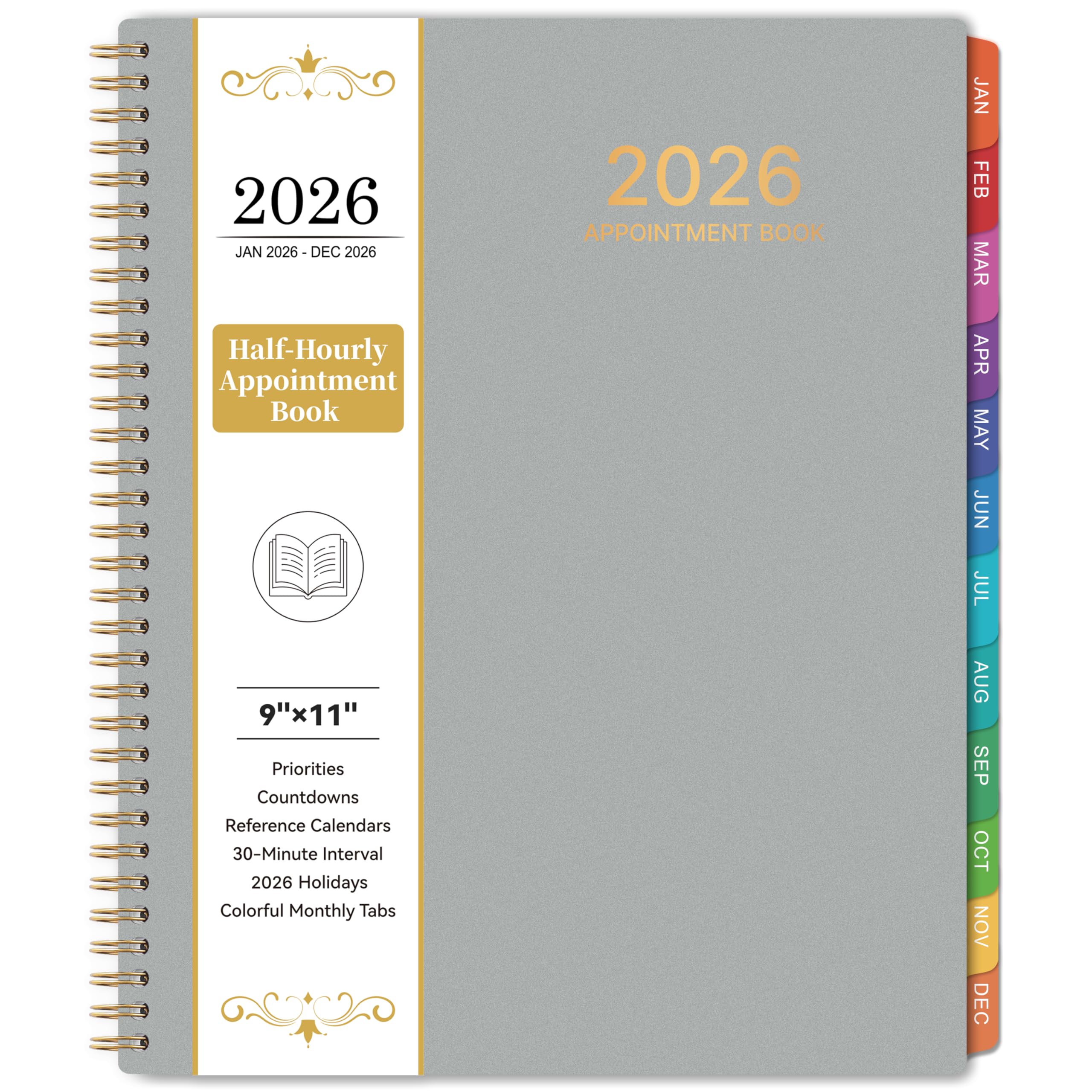 2025-2026 Appointment Book/Planner - Weekly & Monthly, 9" x 11", Large, July 2025 - June 2026, Academic Planner, 30-Minute Interval, Daily Hourly Planner, Colorful Monthly Tabs, Inner Pocket, Grey