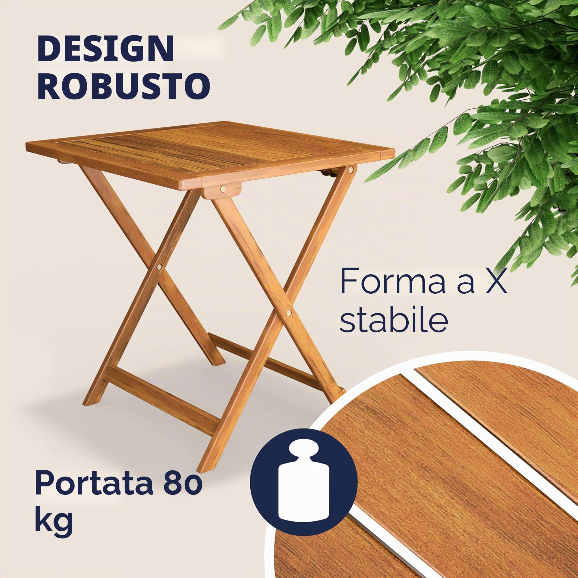 Casaria Set da Balcone Tavolo e 2 Sedie in Legno di Acacia Pieghevole 3 Pezzi