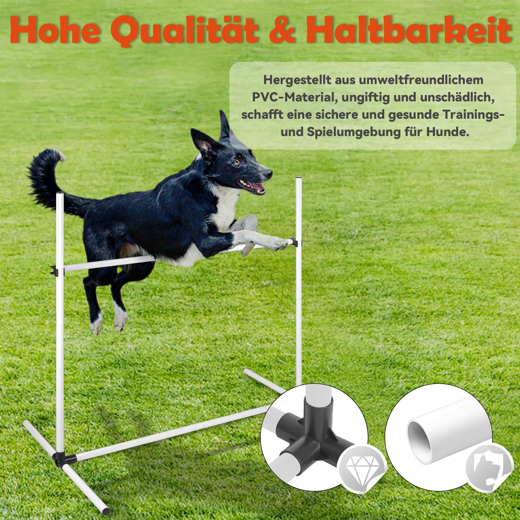 UISEBRT Hunde Agility Set, 4er Slalom Stangen Hürdenset für Haustiere, PVC Hundetrainings-Set mit Tragetasche, Höheinstellbar 104x70x101cm, Weiß