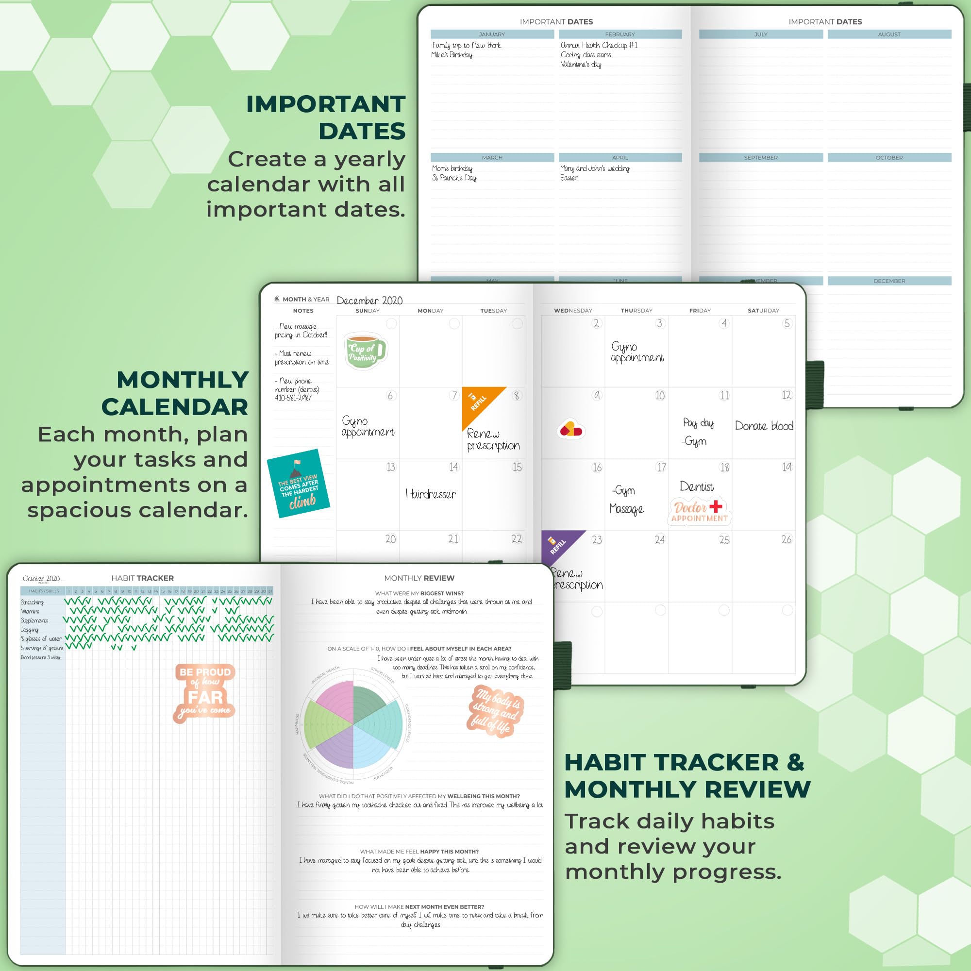 Clever Fox Agenda medica giornaliera – Diario medico sanitario, diario benessere e diario di bordo per monitorare la salute – 3 mesi, senza data, 18 x 26 cm, copertina rigida (verde foresta)
