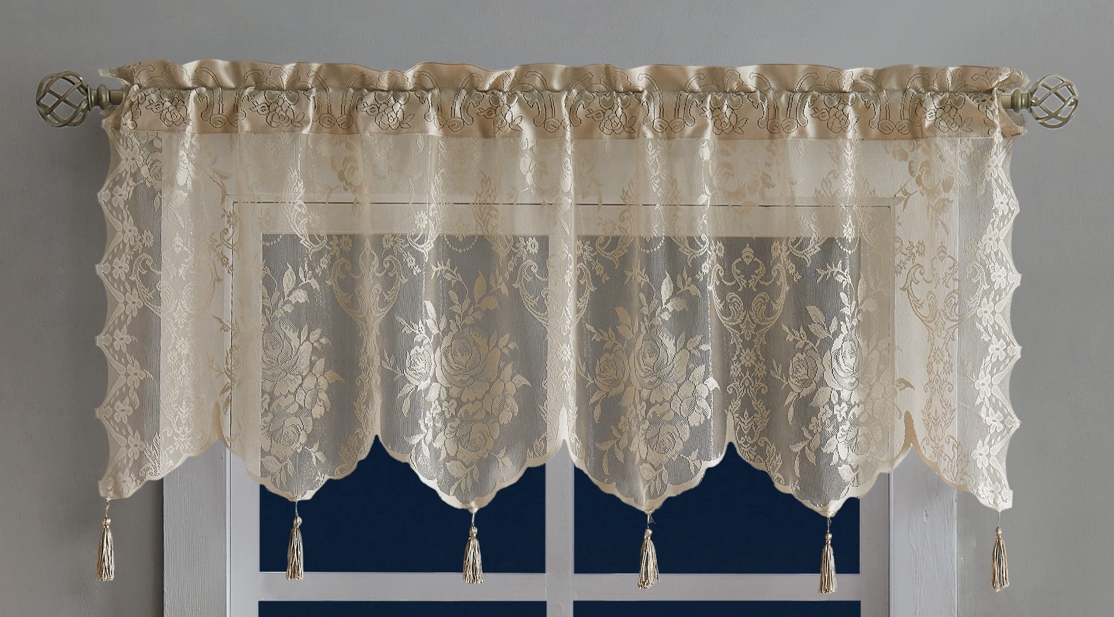 WARM HOME DESIGNS 1 Brown Linen Color 54” (W) x 22” (L) Semi Sheer Lace Kitchen Valance with 6 Tassels. Our English Rose Patterned Café Tiers Also Look Great in Dining or Living Rooms. L Linen Valance