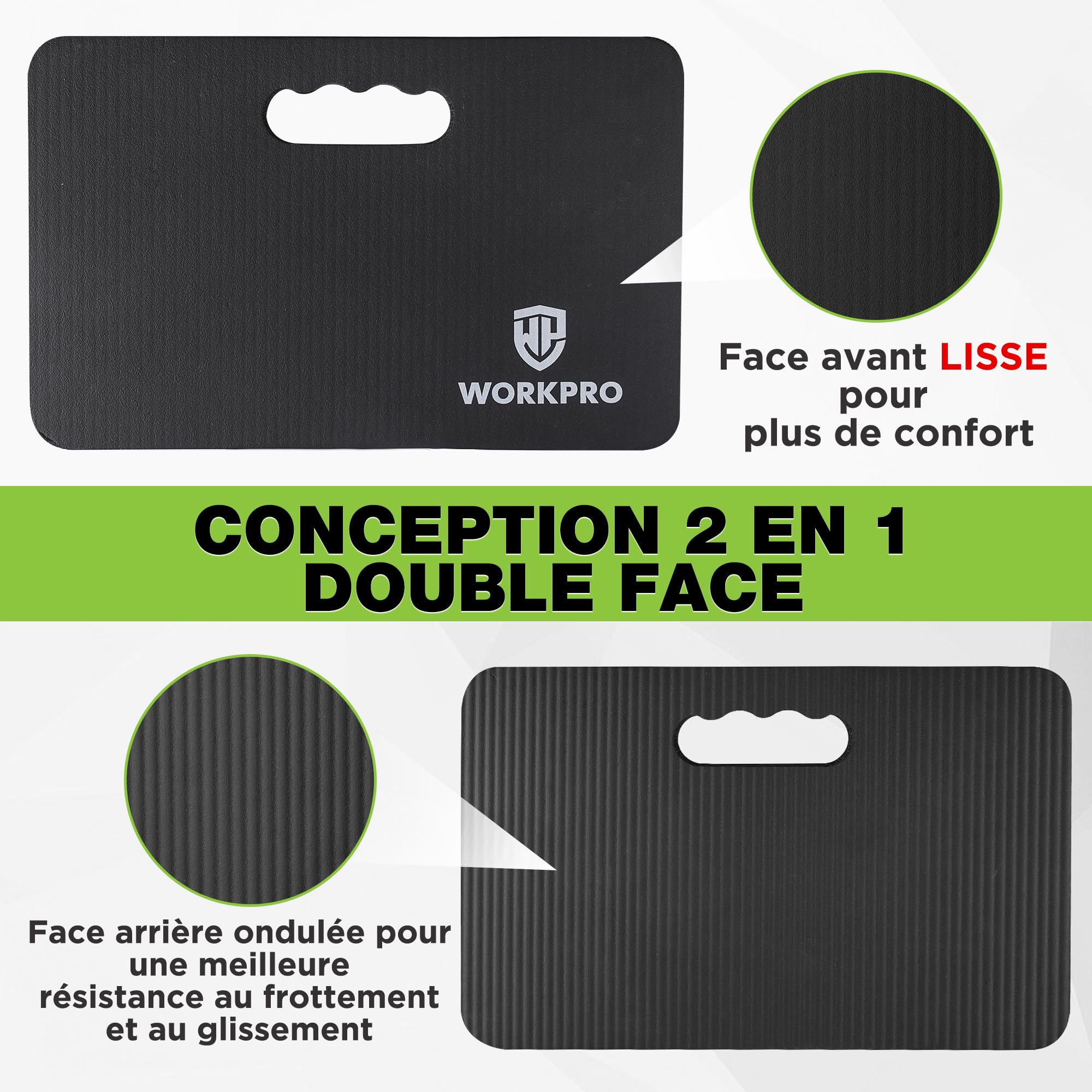 WORKPRO Coussins de Genoux de Jardinage 2 Pièces, Genouillère Travail Noir, Tapis Jardin Extérieur, Tapis Extra Épaisse pour Jardin, Bain Bébé, Yoga et Travail, 44 x 28 x 3,6 cm