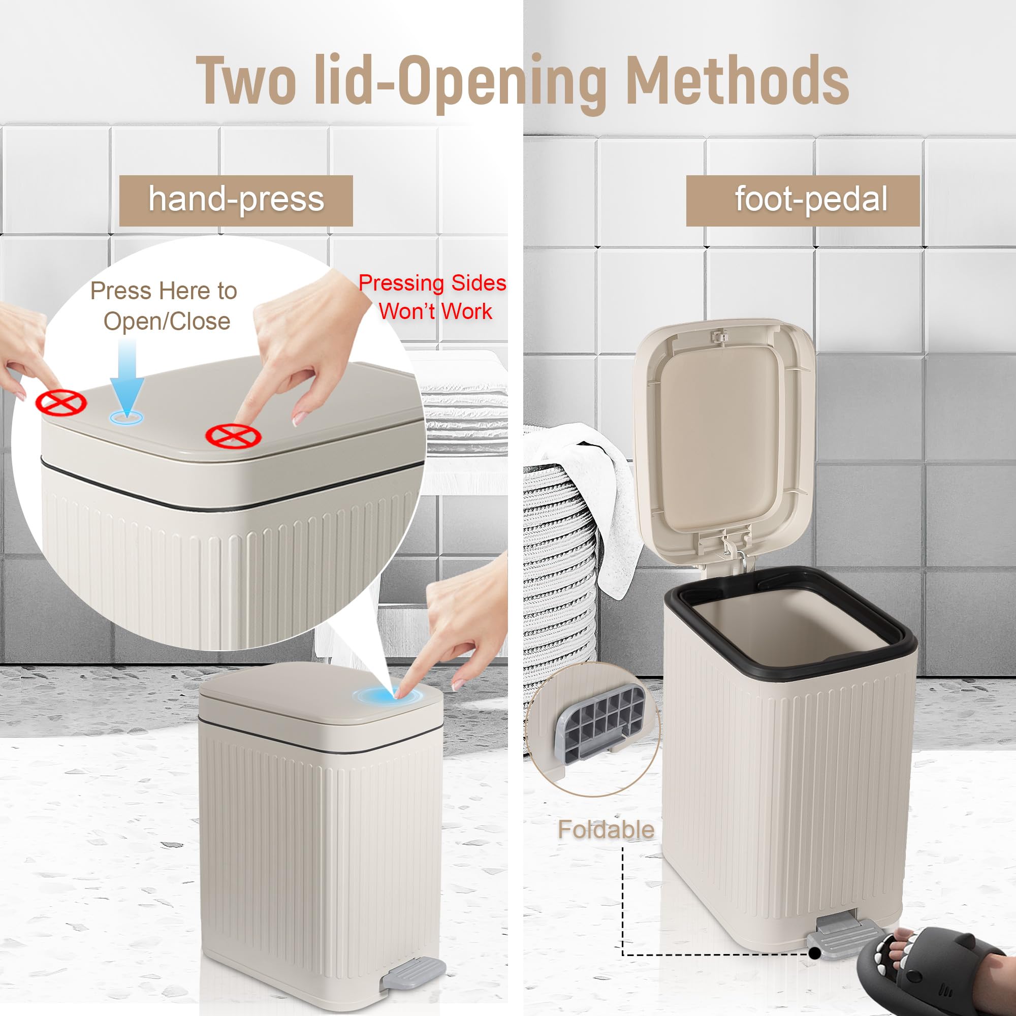 Pattumiera da bagno piccola con coperchio, 2,6 galloni Slim Soft Close Step, crema | Pattumiera con pedale per ufficio, camera da letto, cucina e soggiorno, contenitore stretto in plastica per piccoli spazi