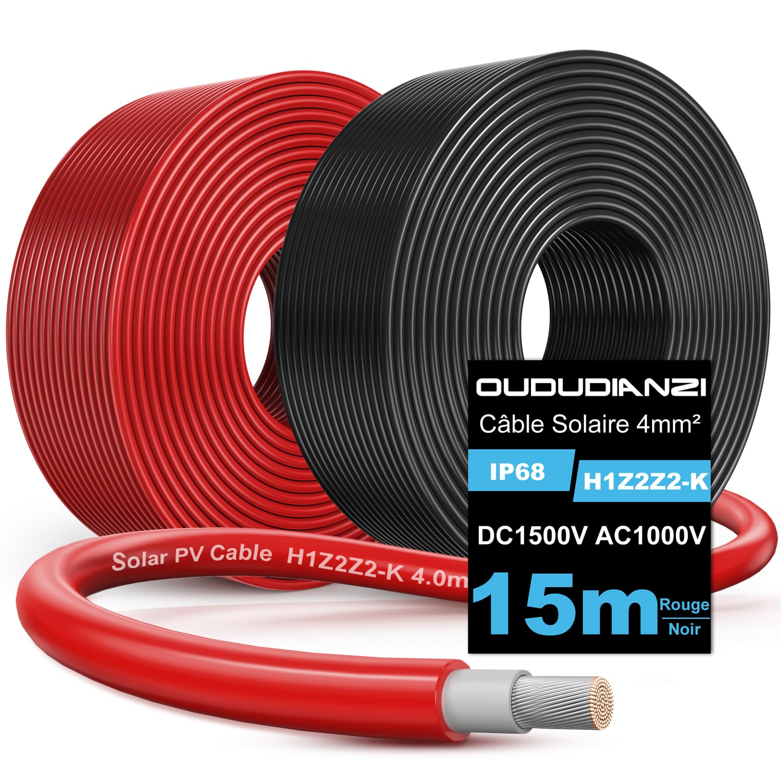 Oududianzi Cable Solaire 4mm2 15m, Rallonge Cable Panneau Solaire 10/15/20/30/50m, Câble Photovoltaïque 4mm2 pour Panneaux Solaires, onduleur et régulateur de charge (2x15m 4mm²)