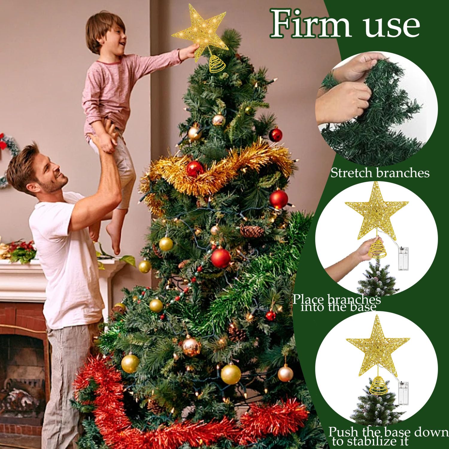 Estrella Arbol de Navidad Led,20 * 25 * 5.5cm Estrella Arbol de Navidad con Luz,Alimentada por Pilas Base Espiral,para Interiores y Decoracion Festival Hogar,Fiesta,Salón,Jardín