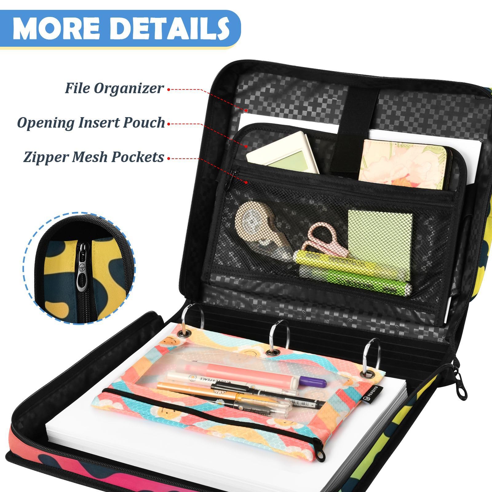 Bolsa de carpeta de 3 anillos con cremallera y estampado colorido de
