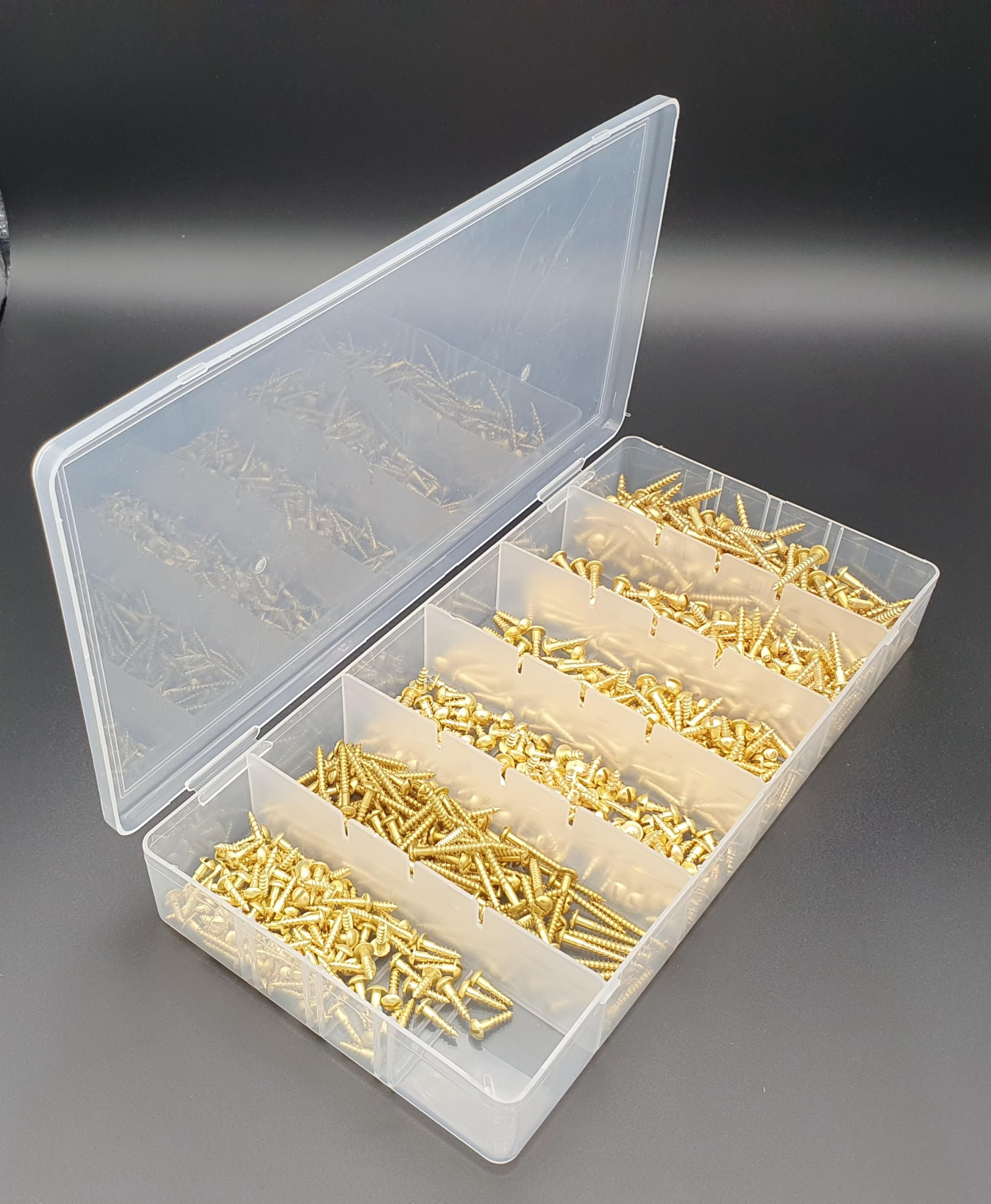 300 tlg. Set | Messing Holzschrauben Sortiment DIN 96 – Halbrundkopf Schlitz – Messing Blank – Dekorative Rundkopfschrauben in stabiler Box 2,5mm und 3mm Durchmesser