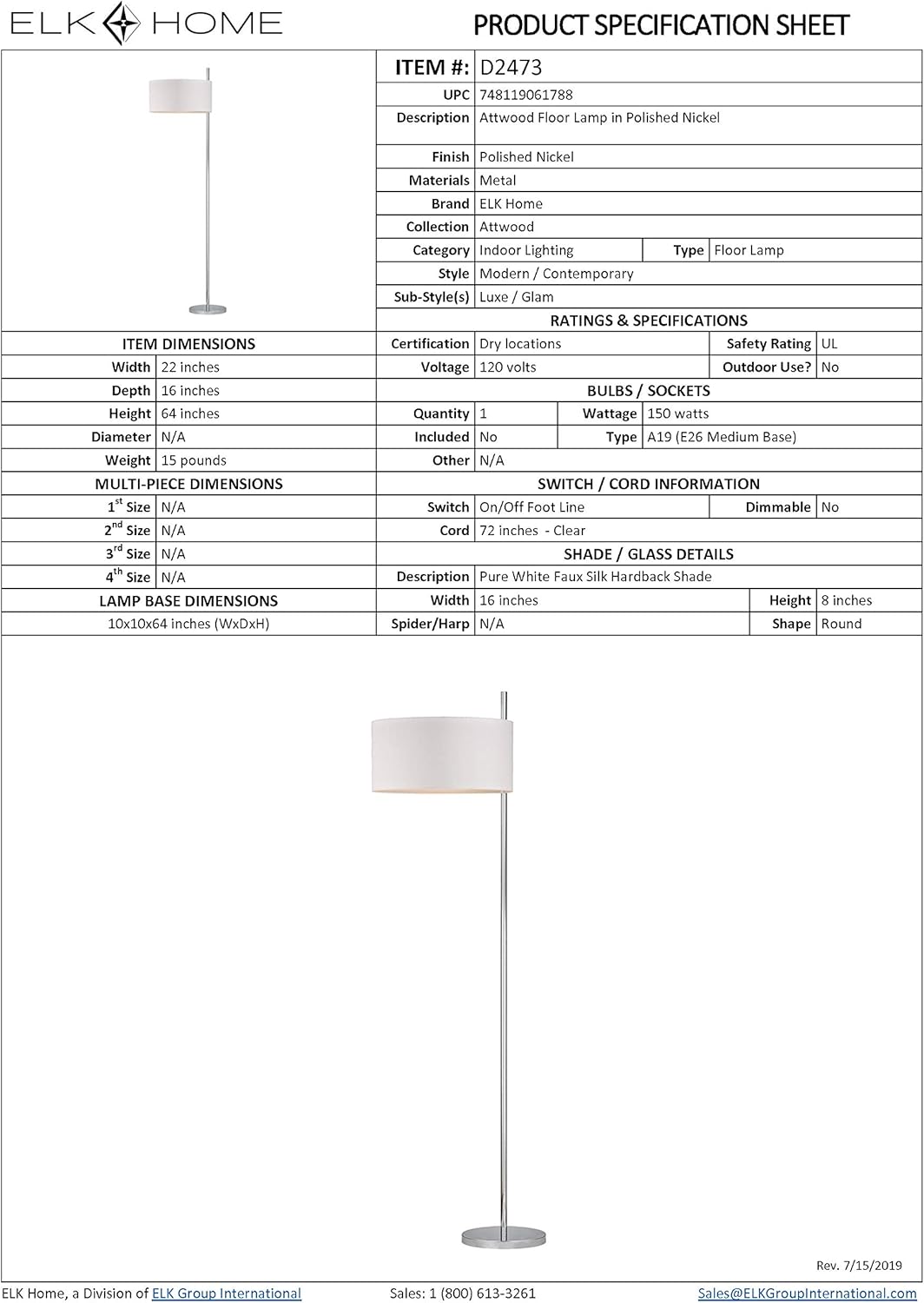 Product Deal Dimond Lighting D2473 Attwood Floor Lamp, Polished Nickel, 22W X 16D X 64H